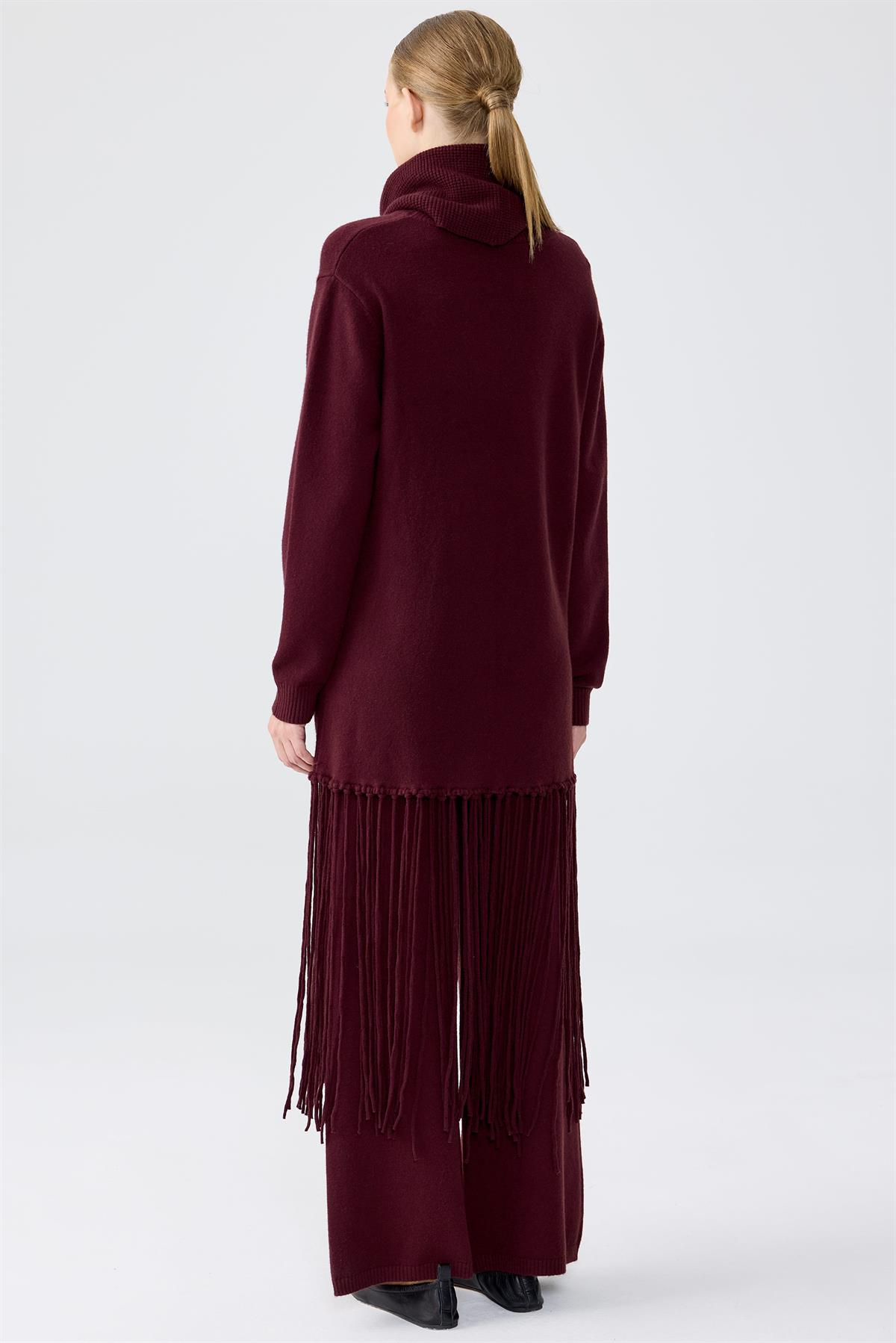 Seyyar Balıkcı Yaka Püsküllü Pantolonlu Triko Takım BORDO