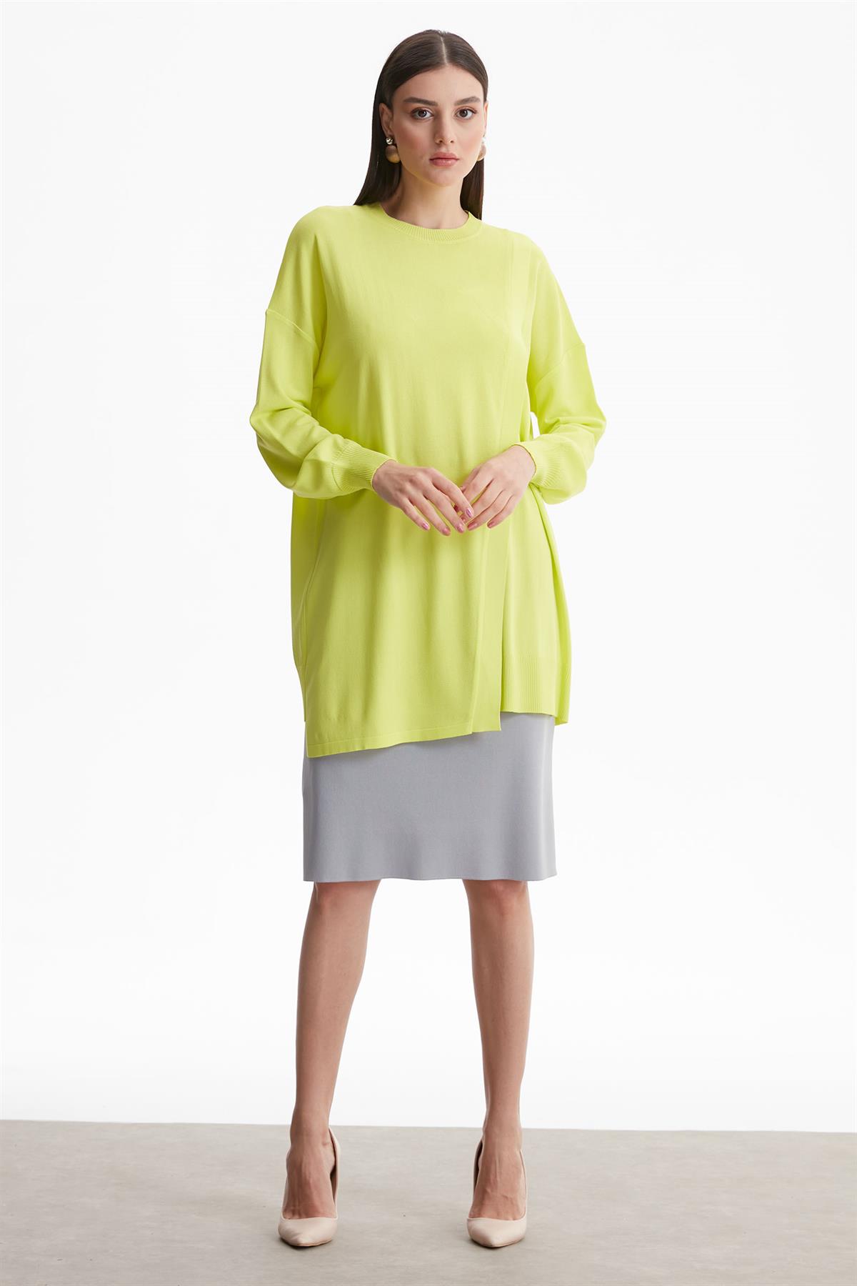 SIFIR YAKA KRUVAZE RAYON TUNİK LİME