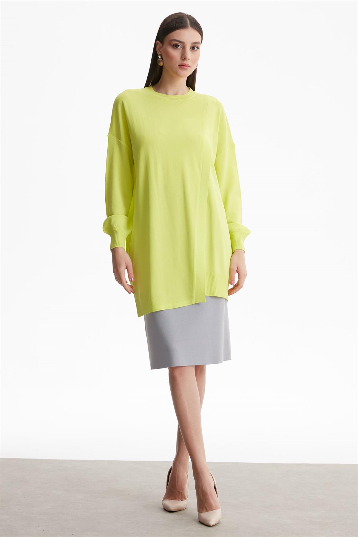 SIFIR YAKA KRUVAZE RAYON TUNİK LİME