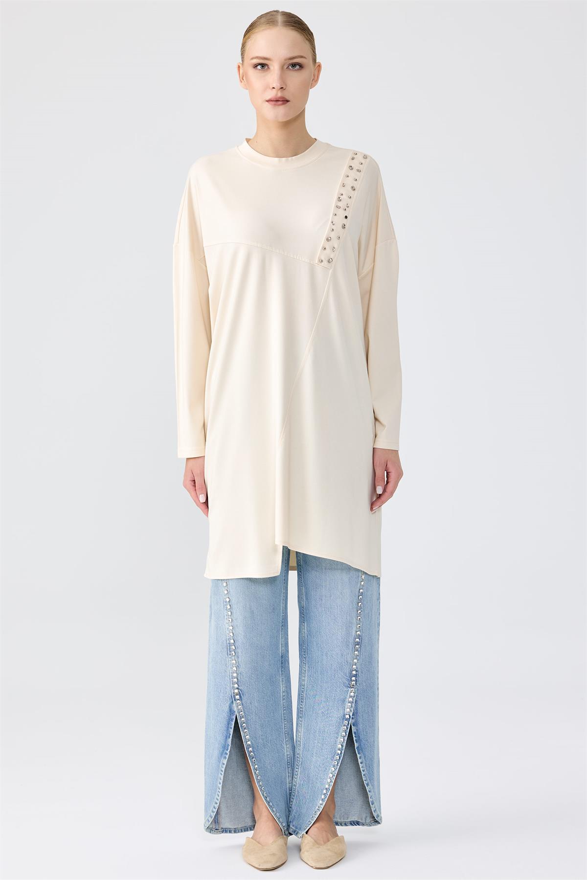 Sıfır Yaka Taş İşlemeli Tunik BEJ
