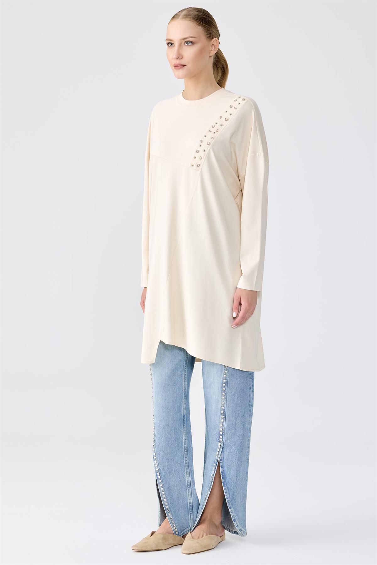 Sıfır Yaka Taş İşlemeli Tunik BEJ