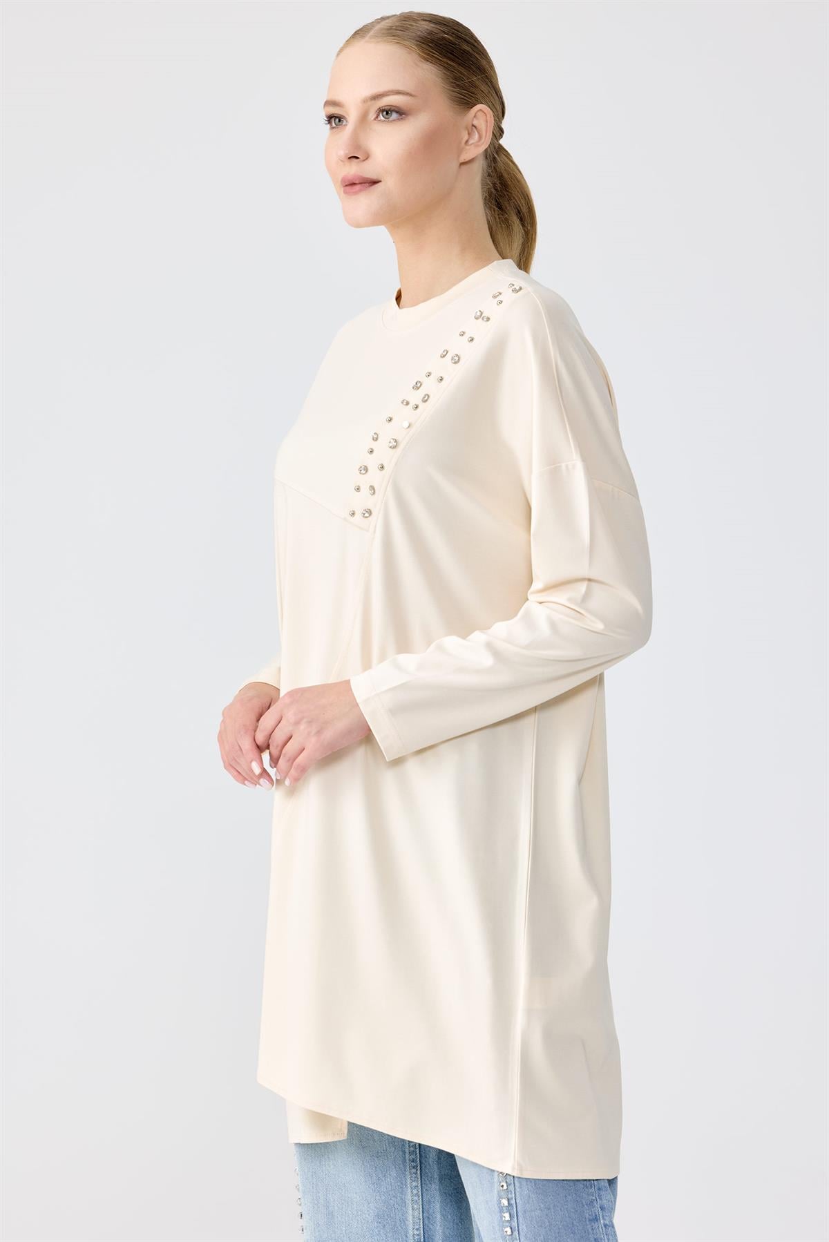 Sıfır Yaka Taş İşlemeli Tunik BEJ