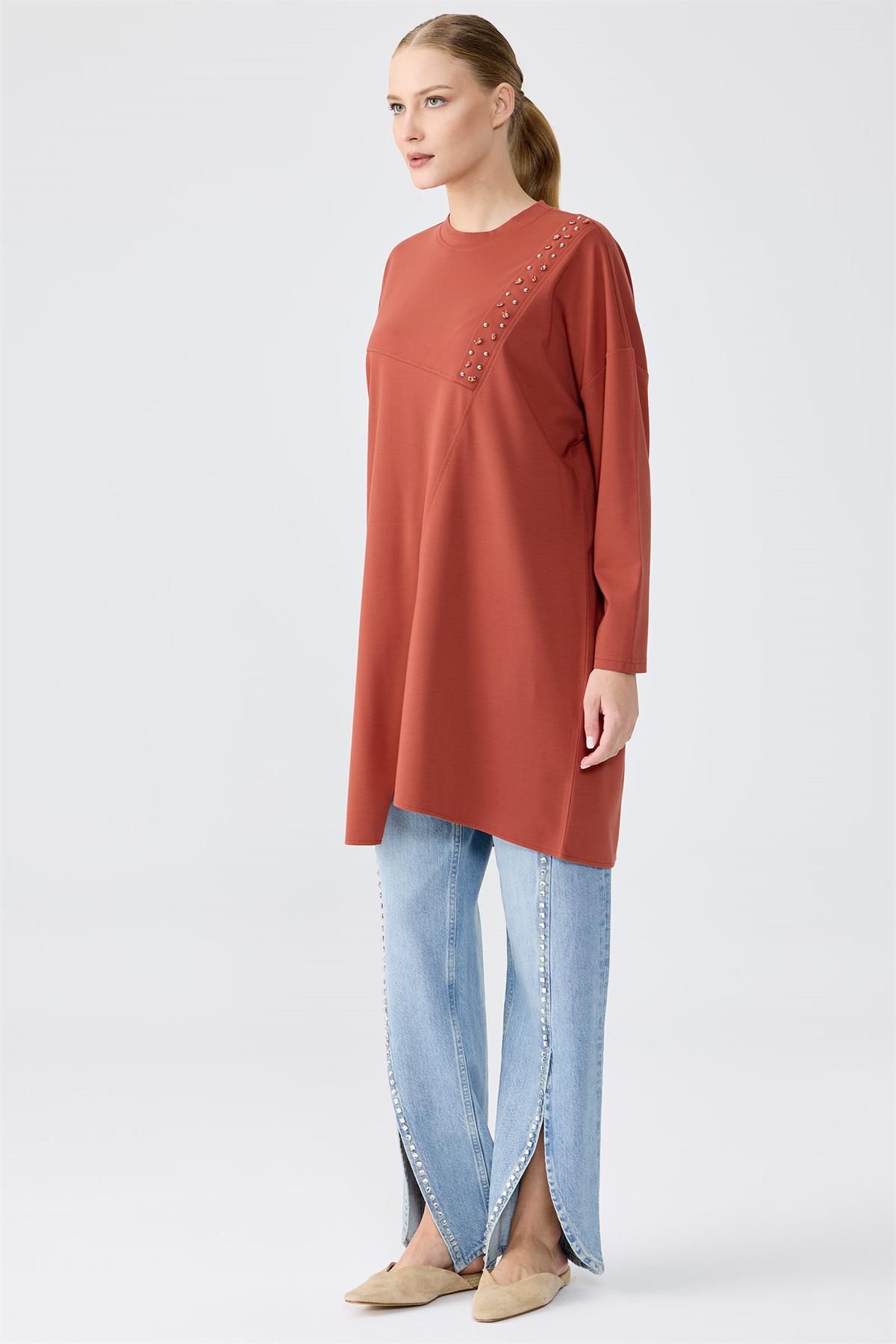 Sıfır Yaka Taş İşlemeli Tunik KİREMİT