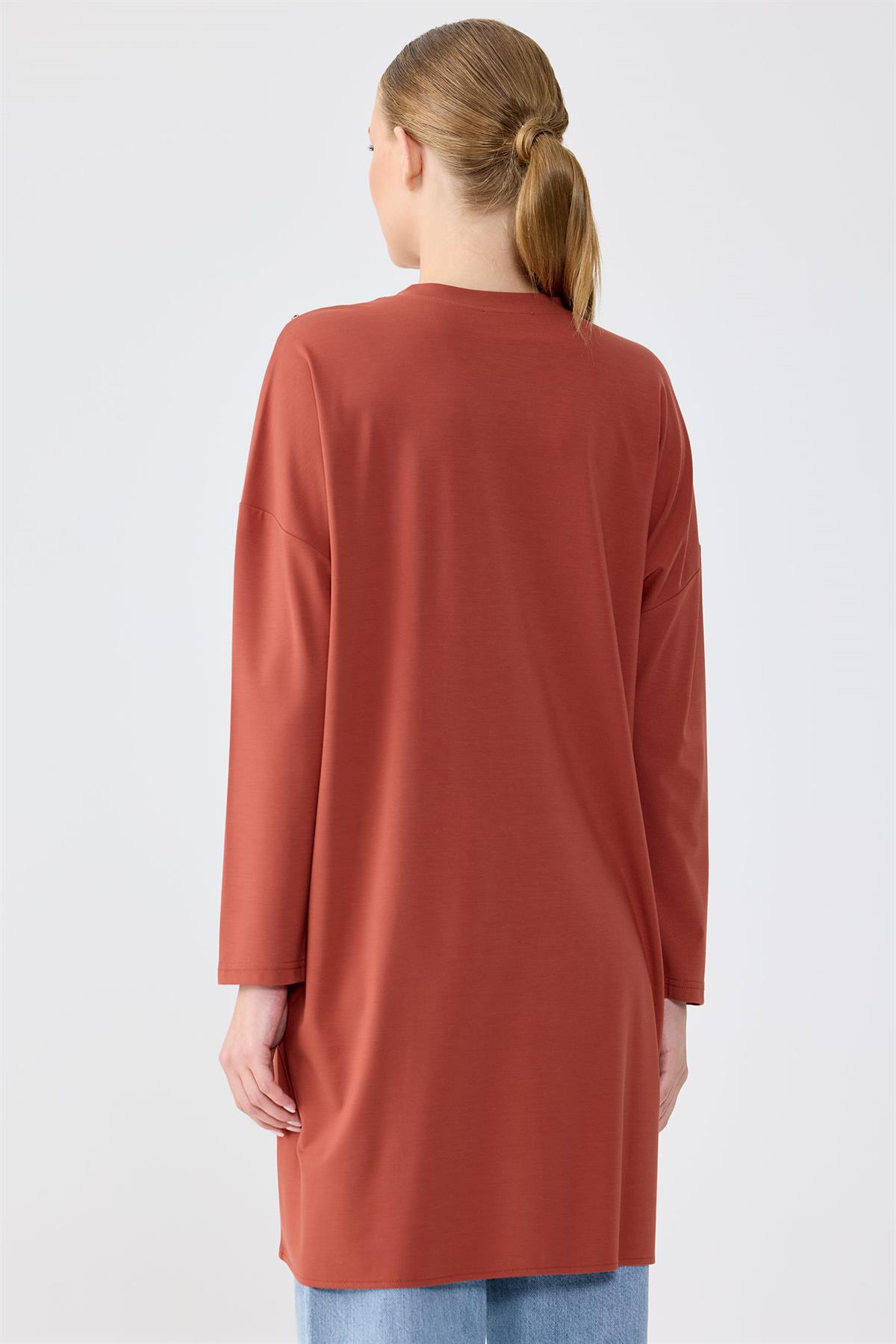 Sıfır Yaka Taş İşlemeli Tunik KİREMİT