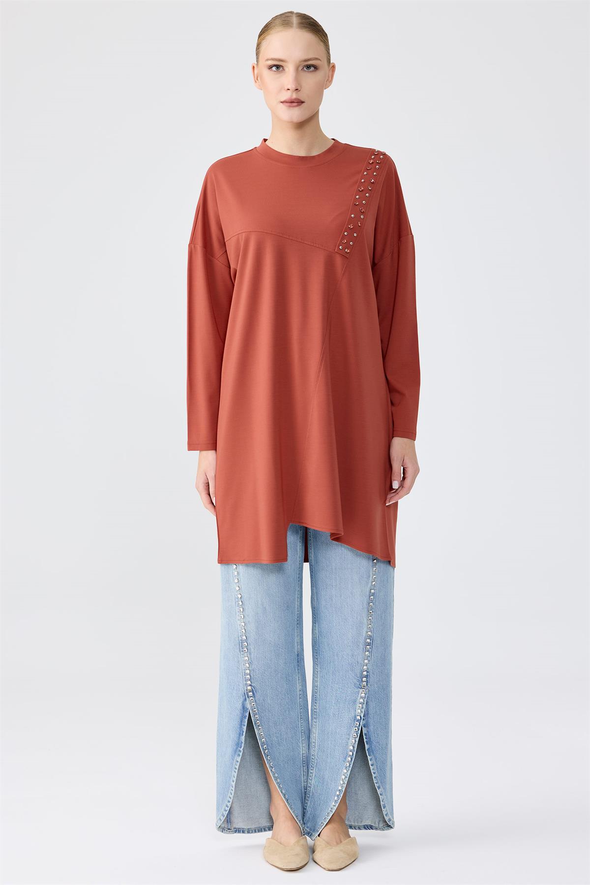 Sıfır Yaka Taş İşlemeli Tunik KİREMİT