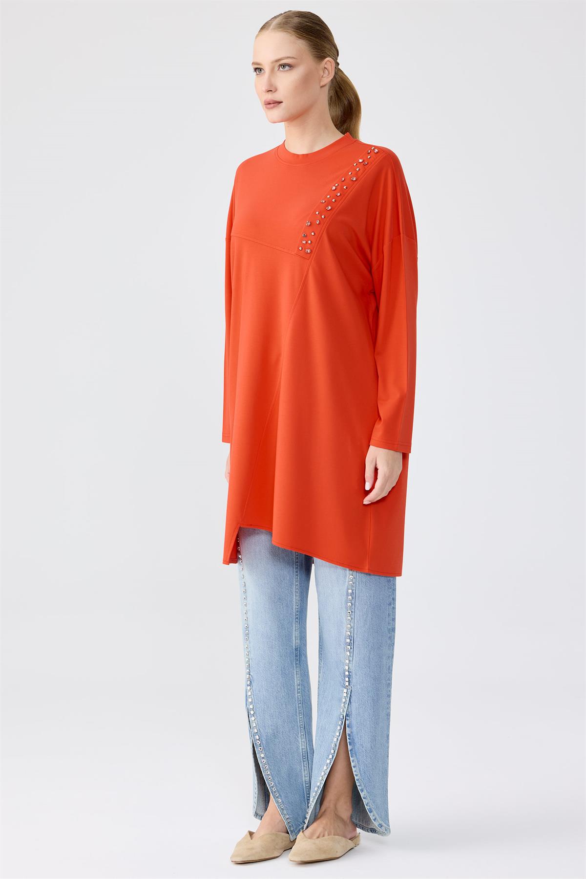 Sıfır Yaka Taş İşlemeli Tunik KIRMIZI