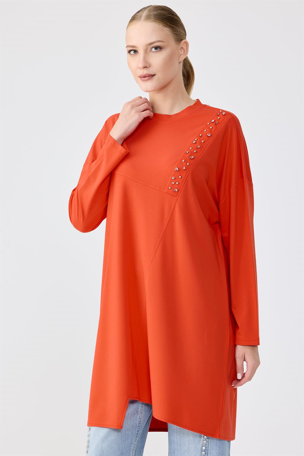 Sıfır Yaka Taş İşlemeli Tunik KIRMIZI