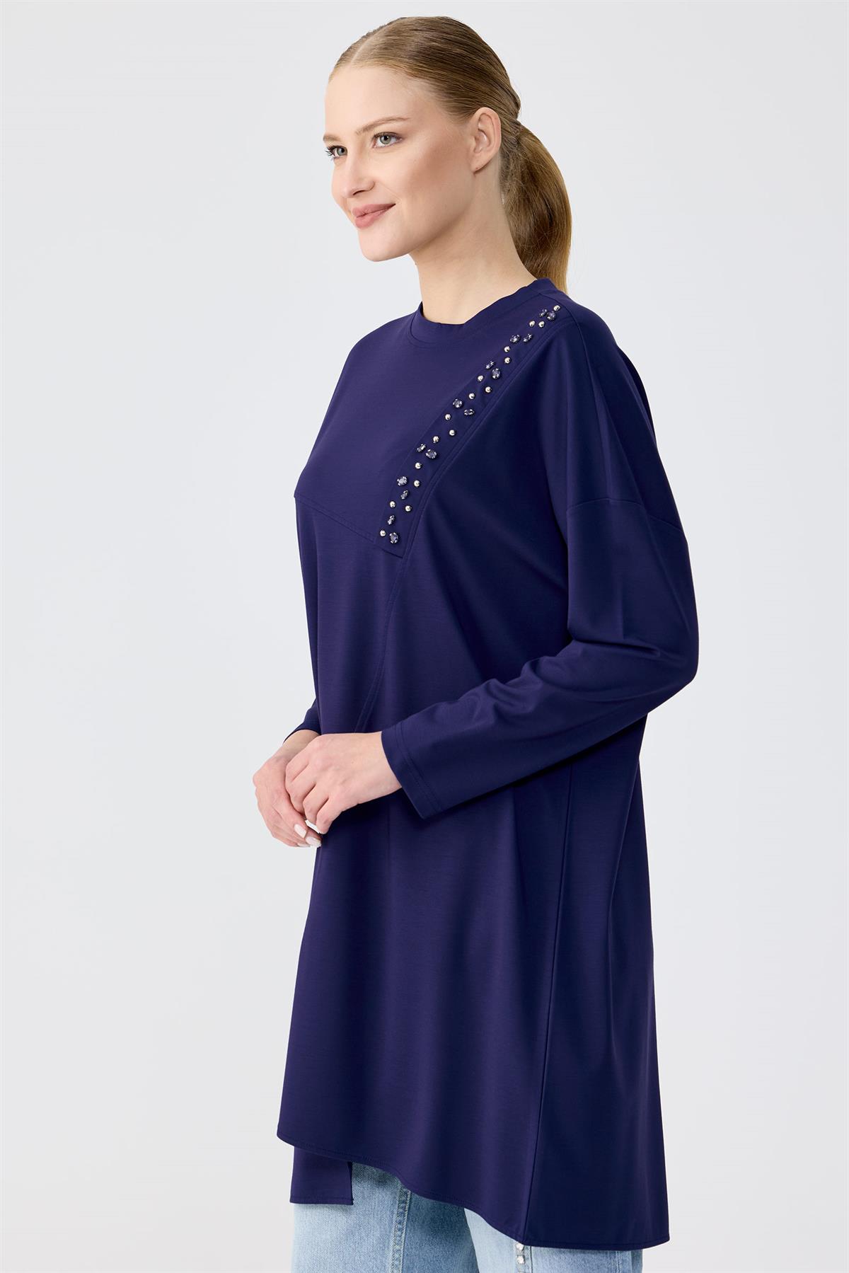 Sıfır Yaka Taş İşlemeli Tunik LACİVERT