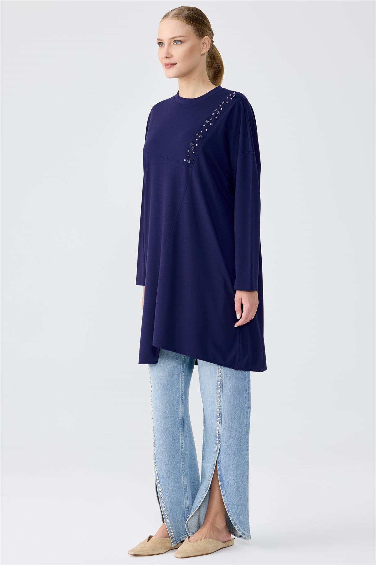 Sıfır Yaka Taş İşlemeli Tunik LACİVERT