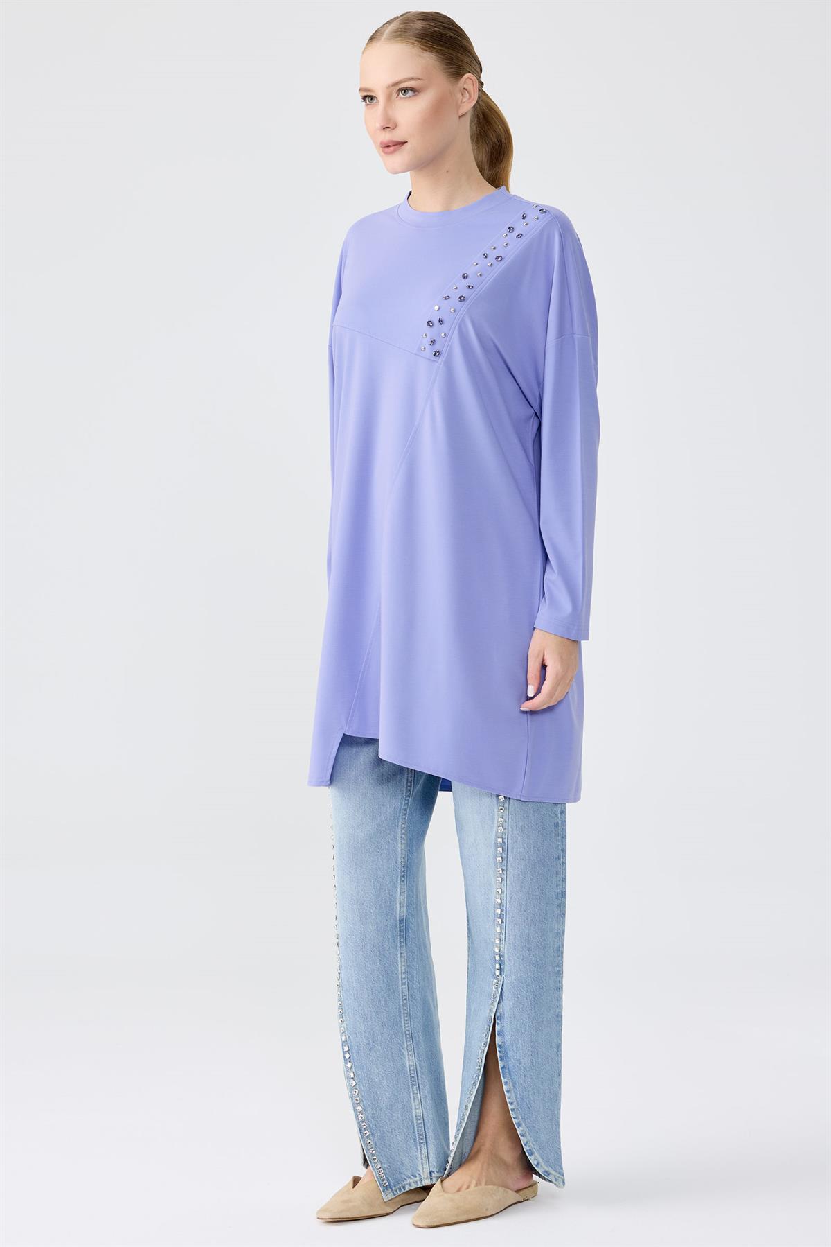 Sıfır Yaka Taş İşlemeli Tunik MAVİ