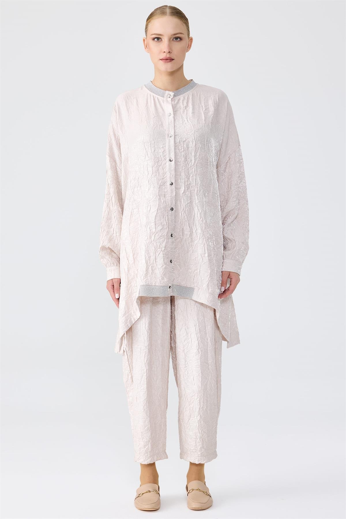 Simli Rİbanalı Kraşlı Pantolonlu Takım BEJ