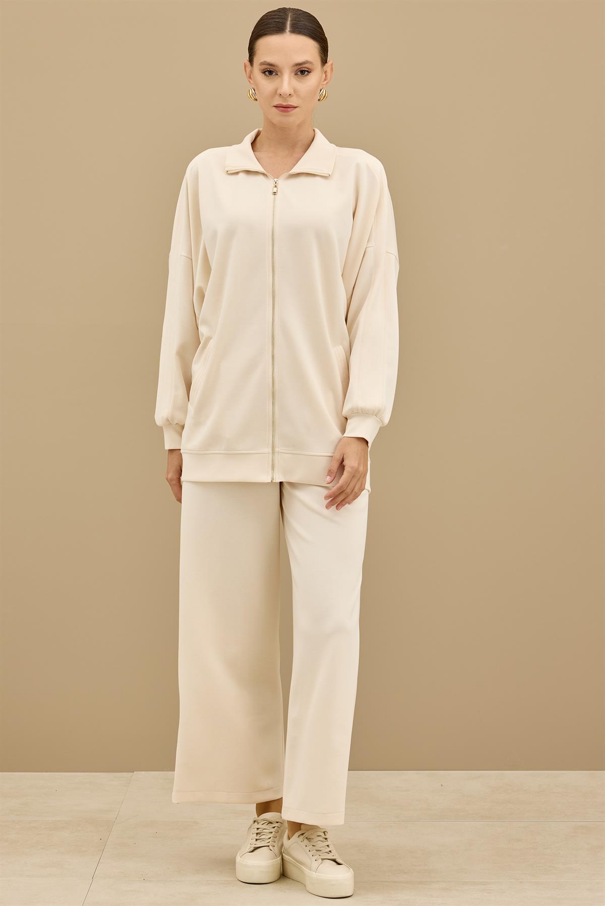 Spor Dikiş Detaylı Paçaları Çıtçıtlı Takım BEJ