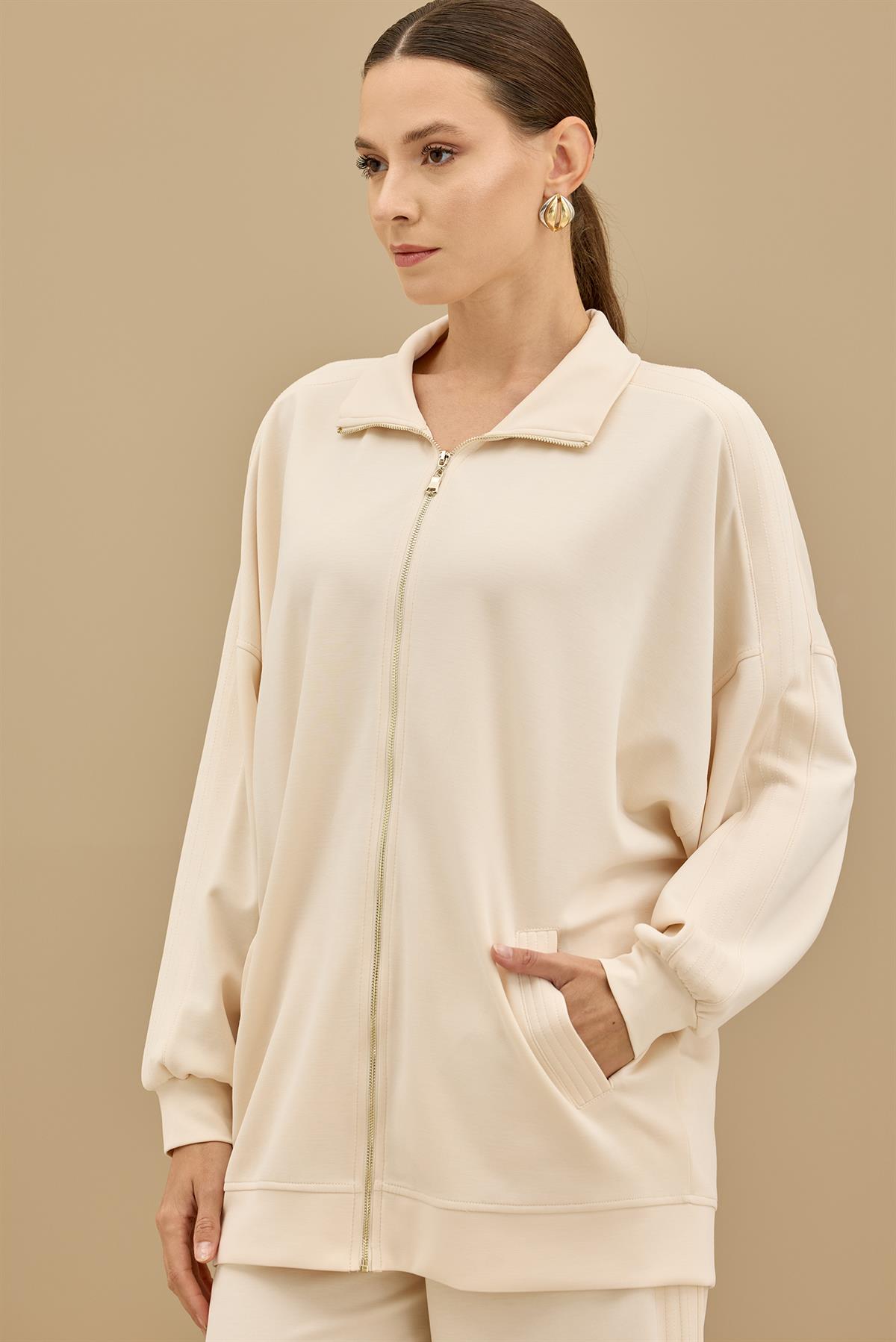 Spor Dikiş Detaylı Paçaları Çıtçıtlı Takım BEJ