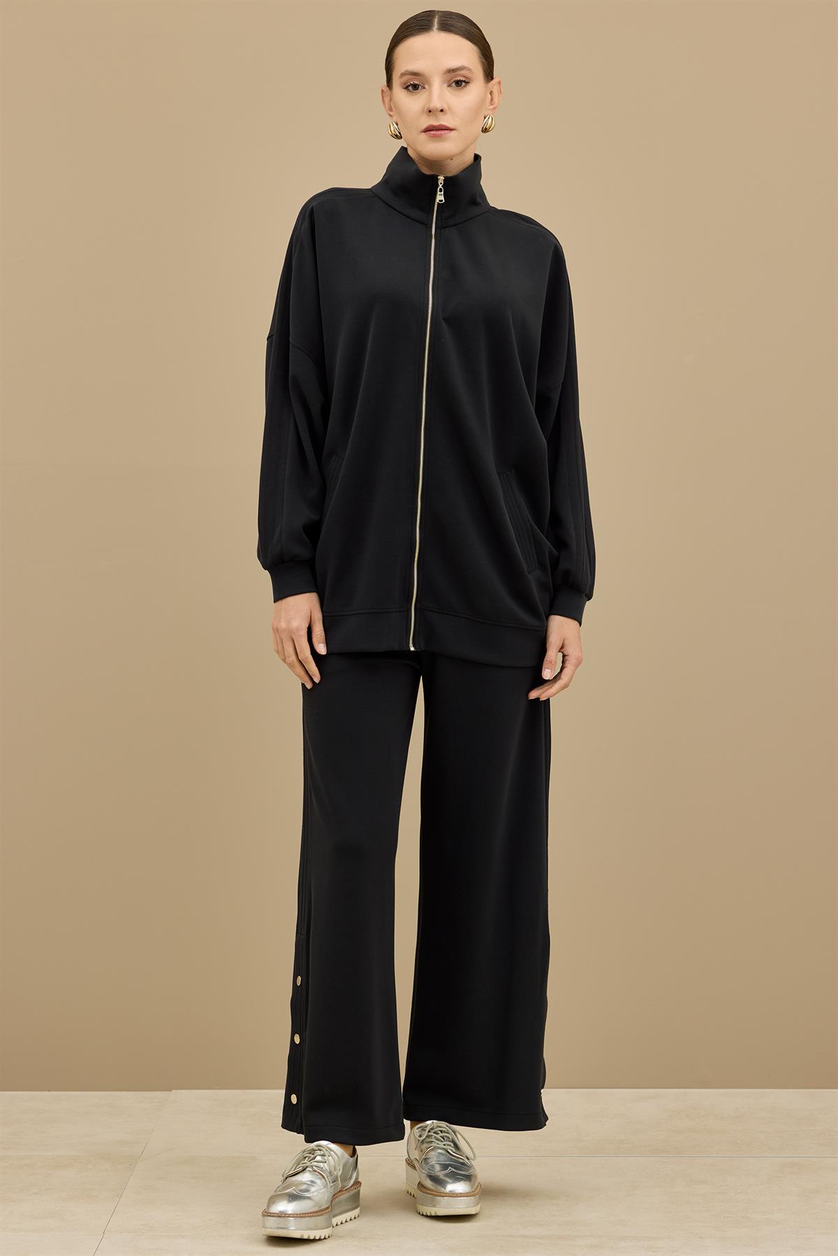 Spor Dikiş Detaylı Paçaları Çıtçıtlı Takım SİYAH