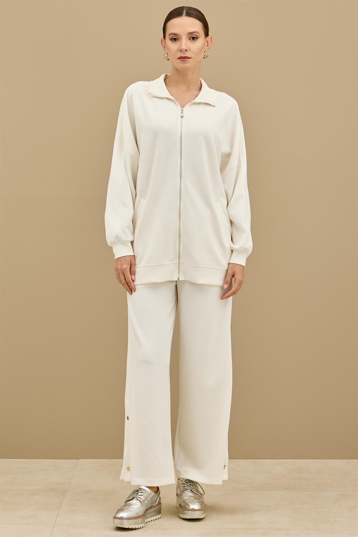 Spor Dikiş Detaylı Paçaları Çıtçıtlı Takım EKRU