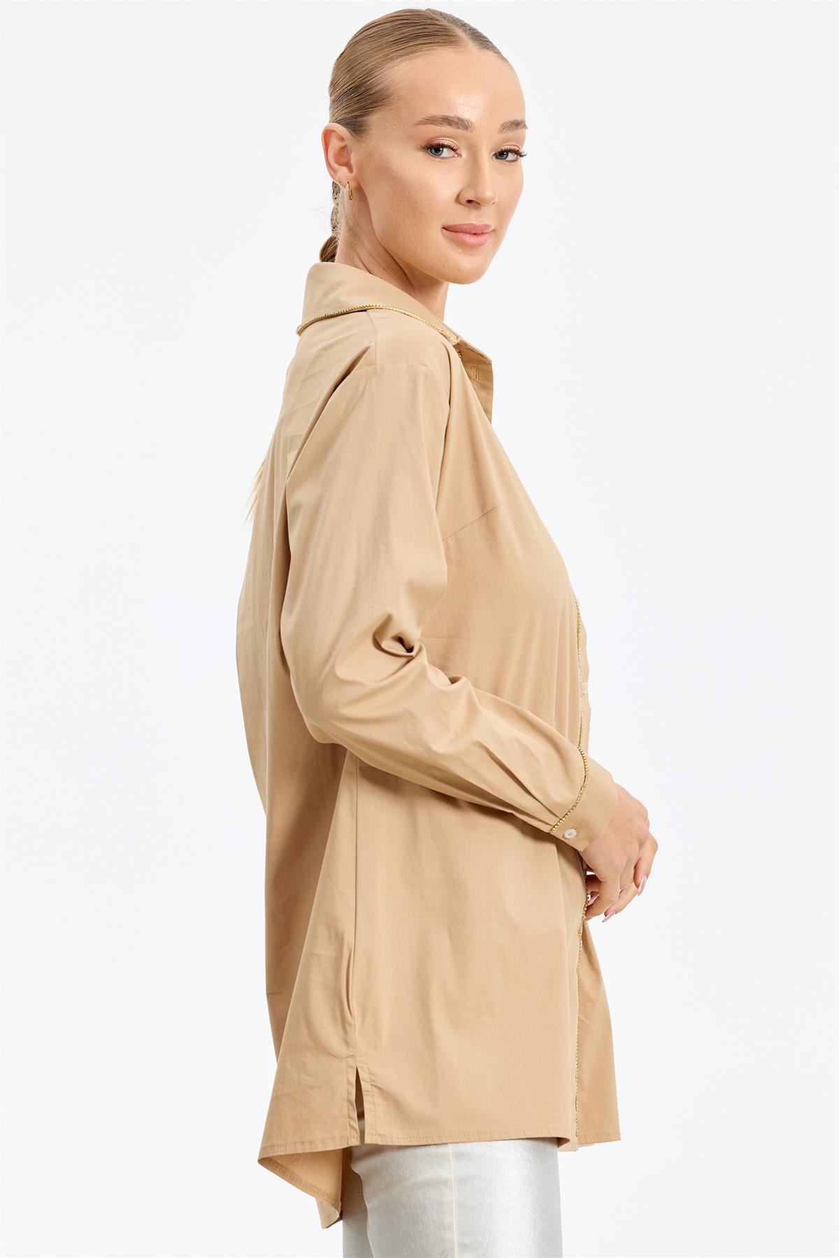 Straz Taş Detaylı Poplin Gömlek CAMEL