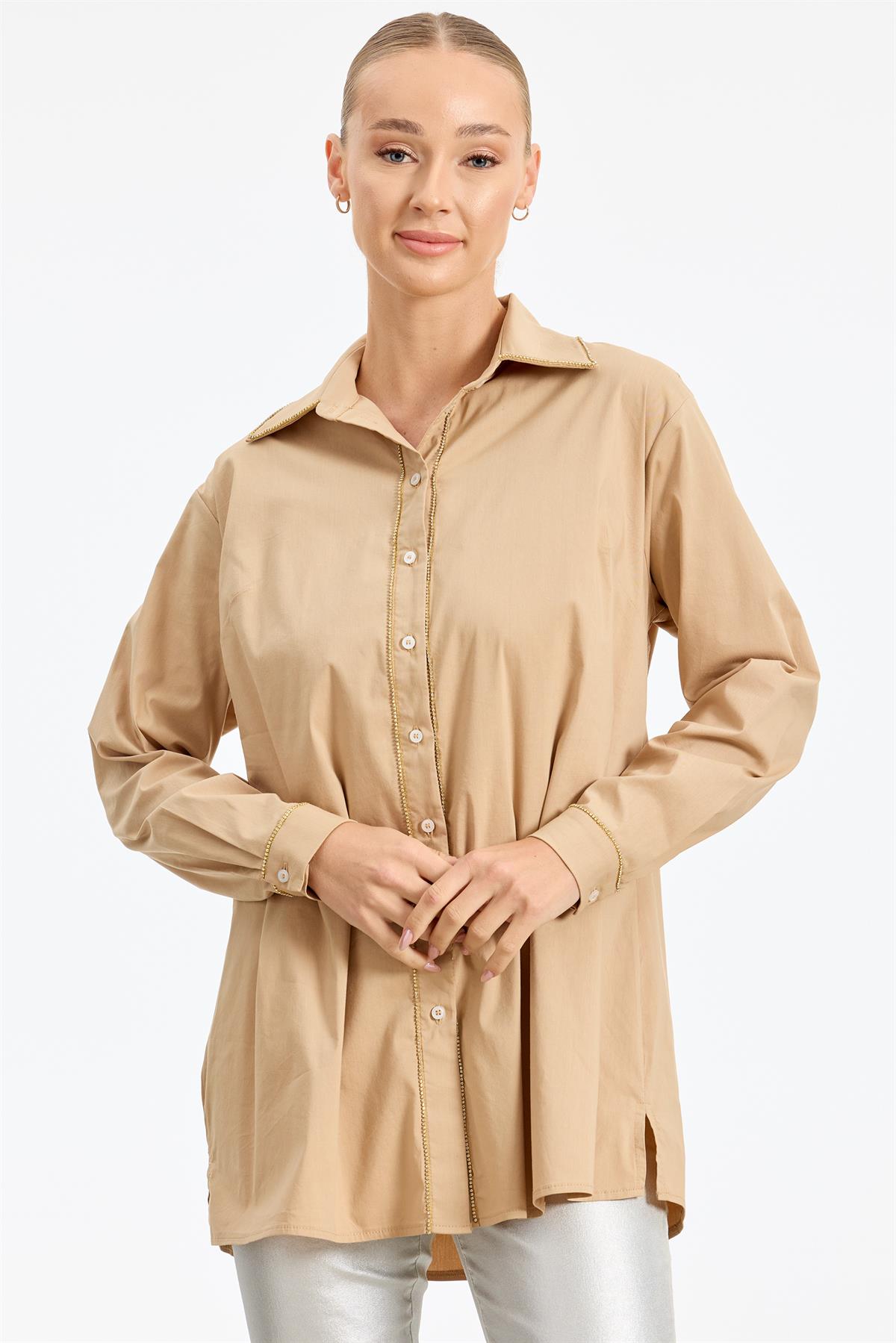Straz Taş Detaylı Poplin Gömlek CAMEL