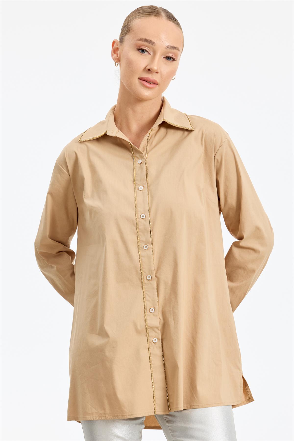 Straz Taş Detaylı Poplin Gömlek CAMEL