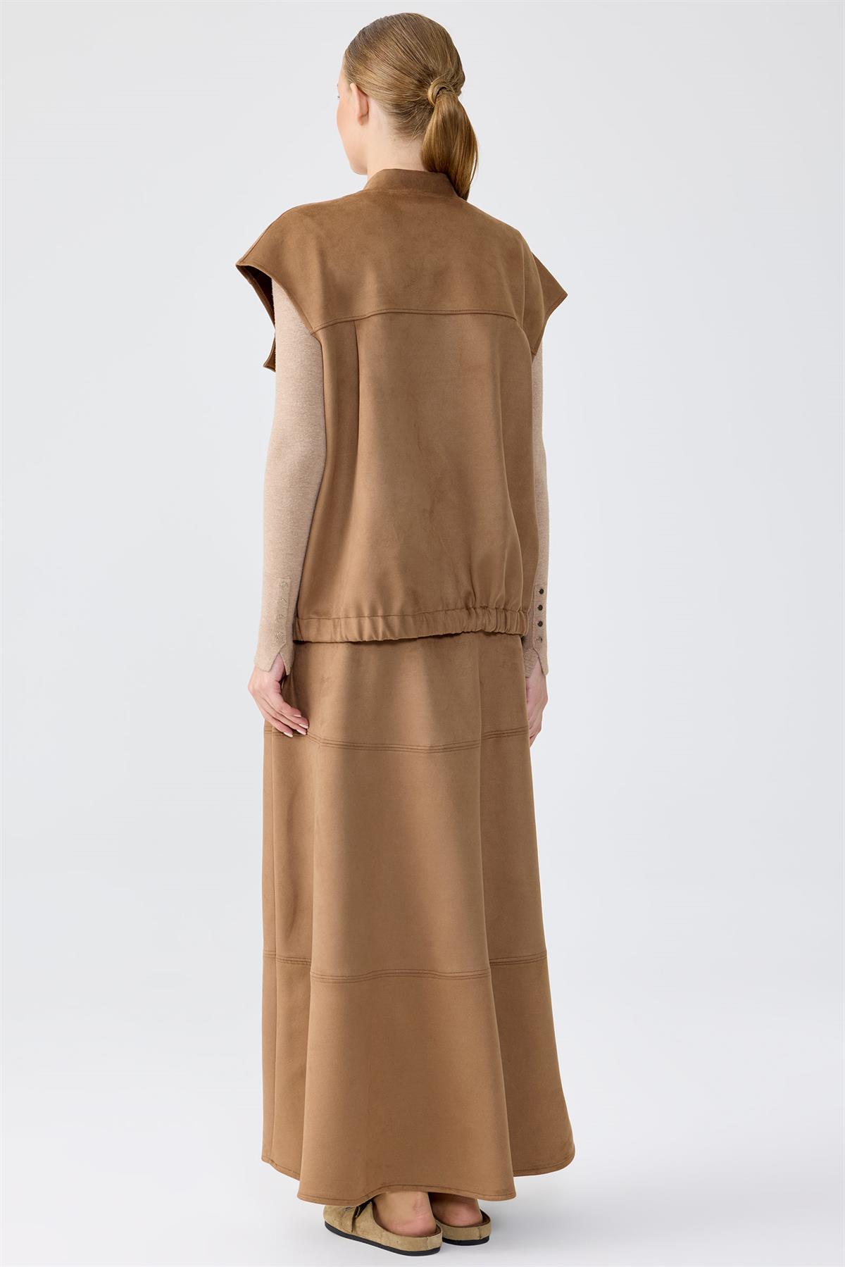 Süet Yelek Kloş Etek Takım CAMEL