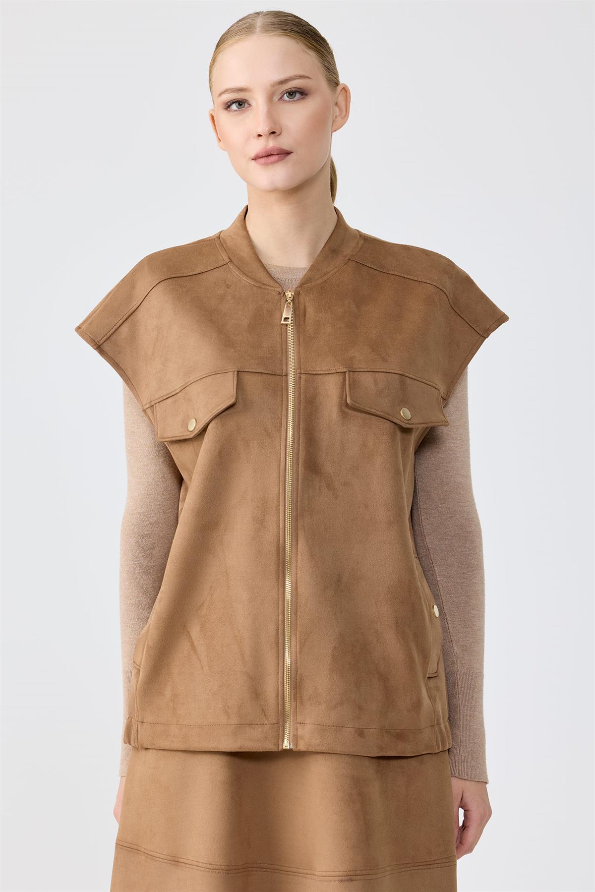 Süet Yelek Kloş Etek Takım CAMEL