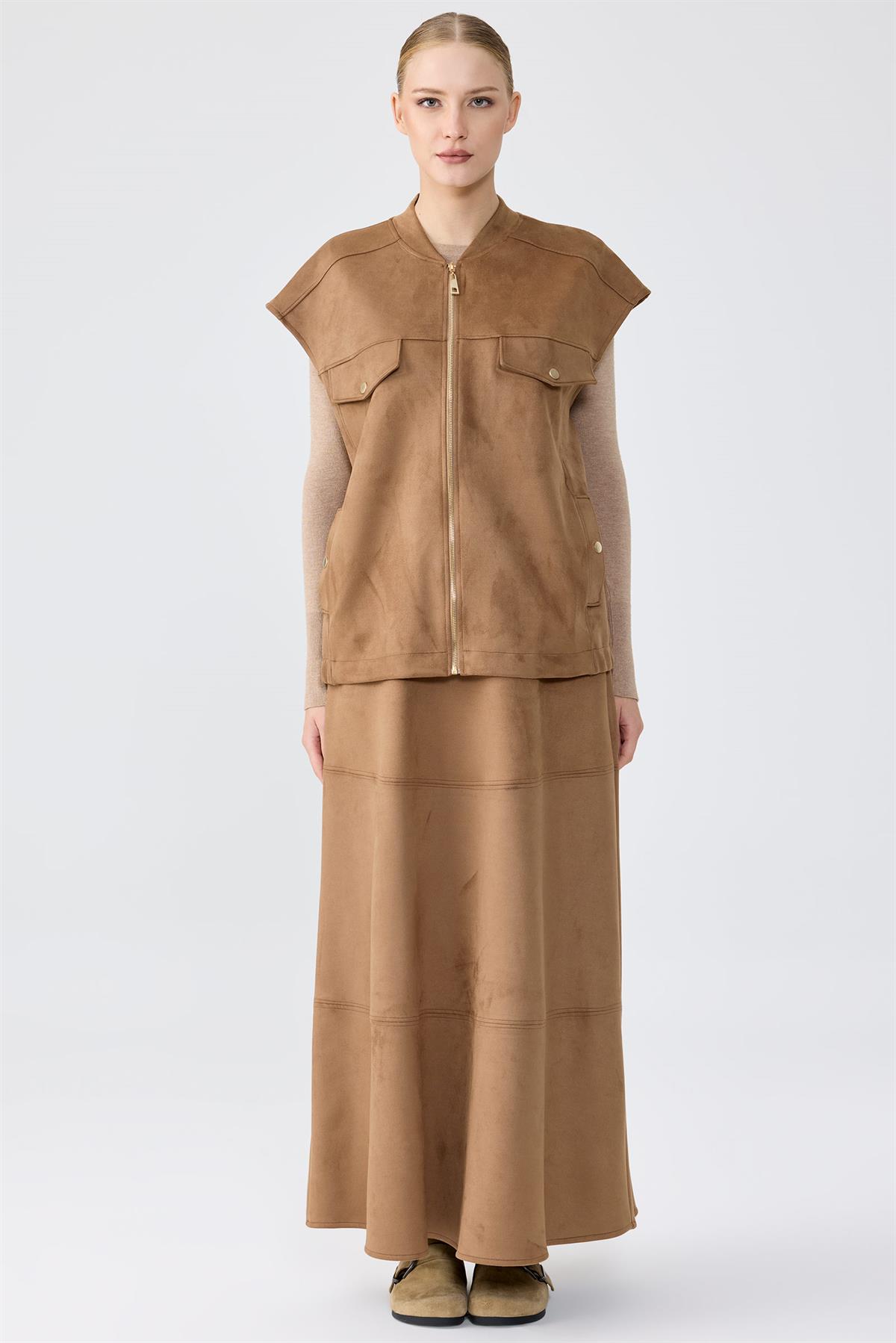 Süet Yelek Kloş Etek Takım CAMEL