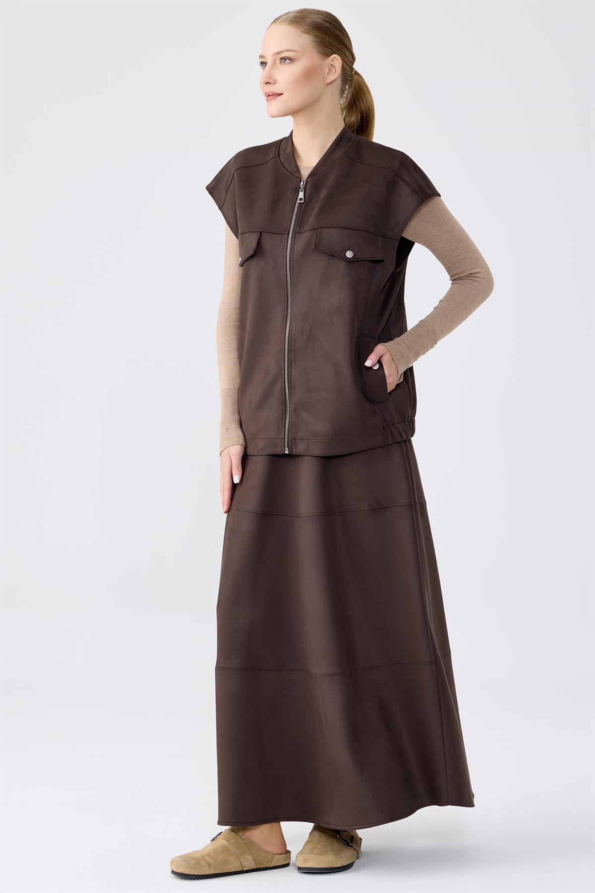 Süet Yelek Kloş Etek Takım KAHVE