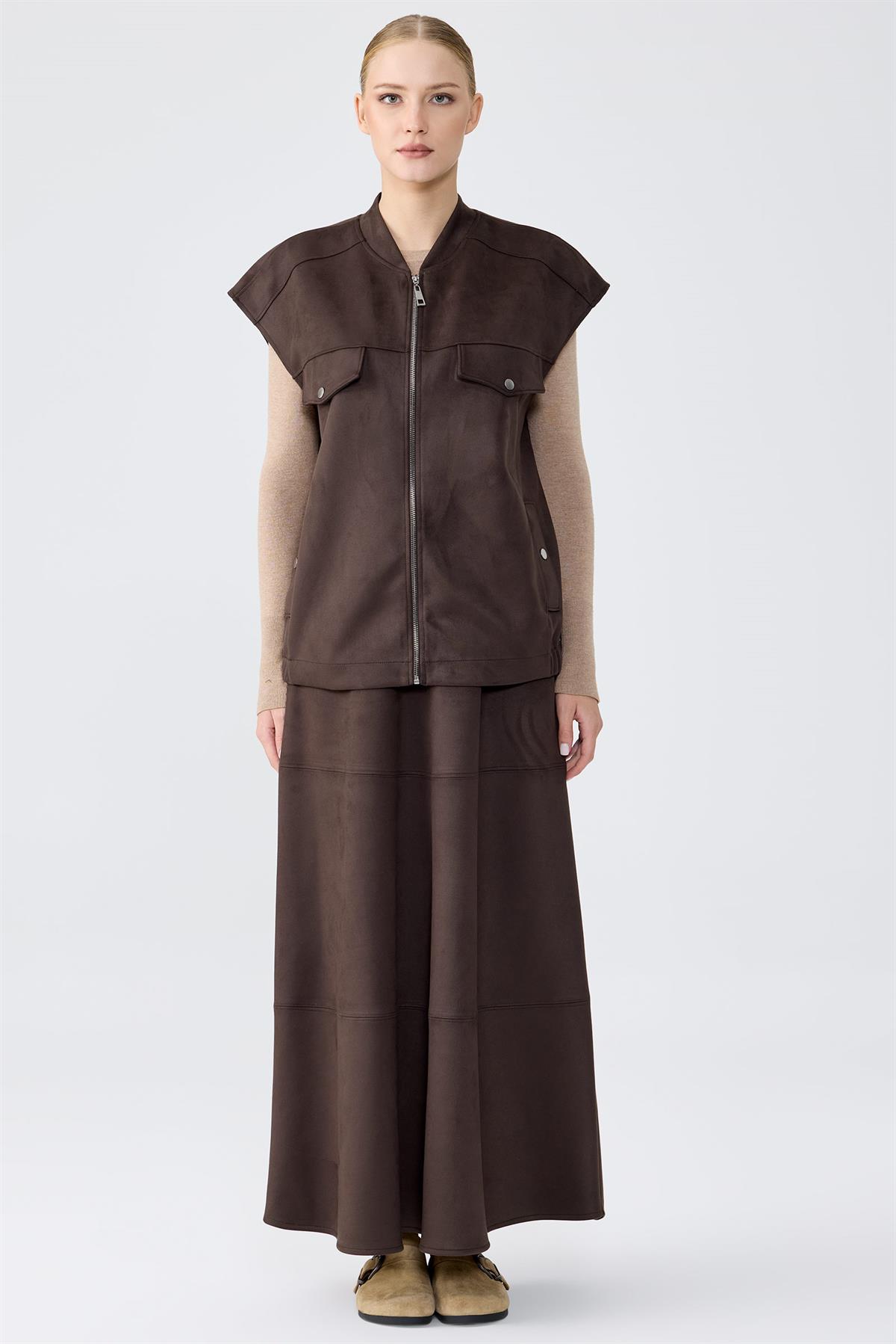 Süet Yelek Kloş Etek Takım KAHVE