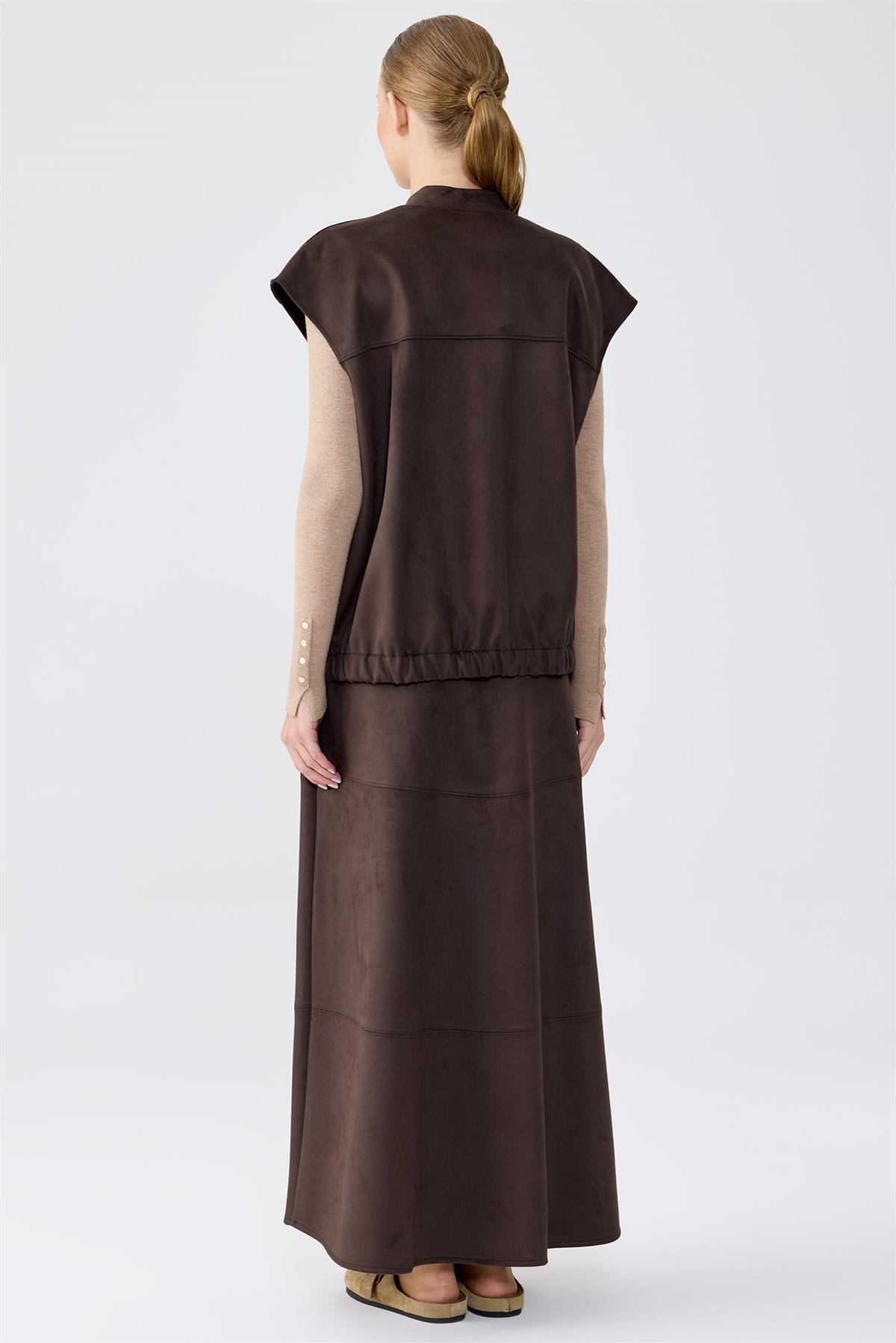 Süet Yelek Kloş Etek Takım KAHVE