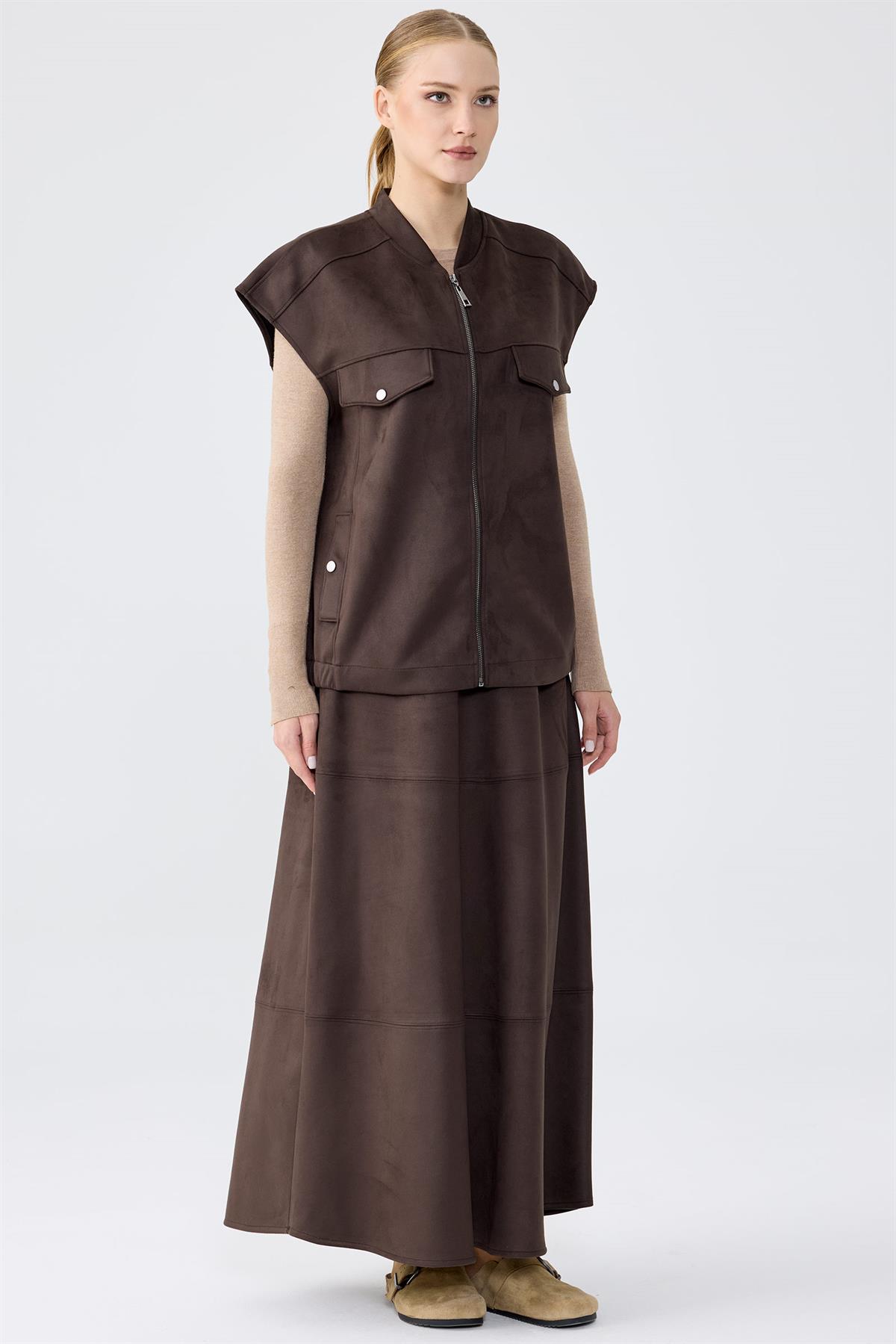Süet Yelek Kloş Etek Takım KAHVE