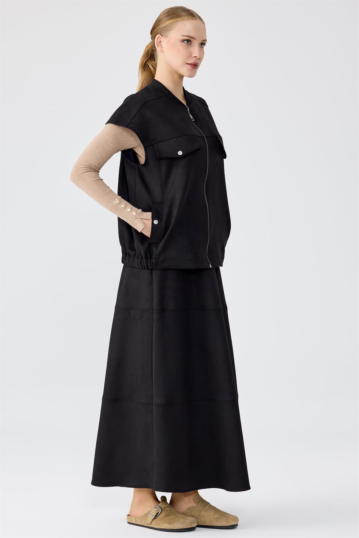 Süet Yelek Kloş Etek Takım SİYAH