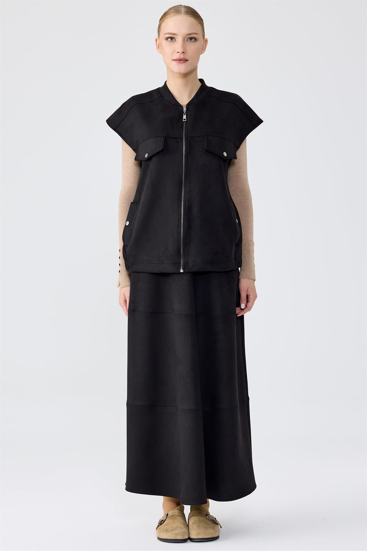 Süet Yelek Kloş Etek Takım SİYAH