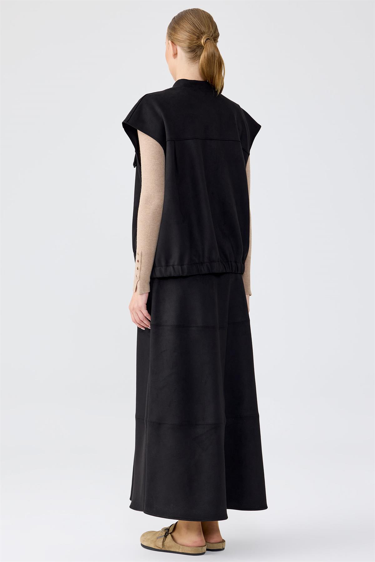 Süet Yelek Kloş Etek Takım SİYAH