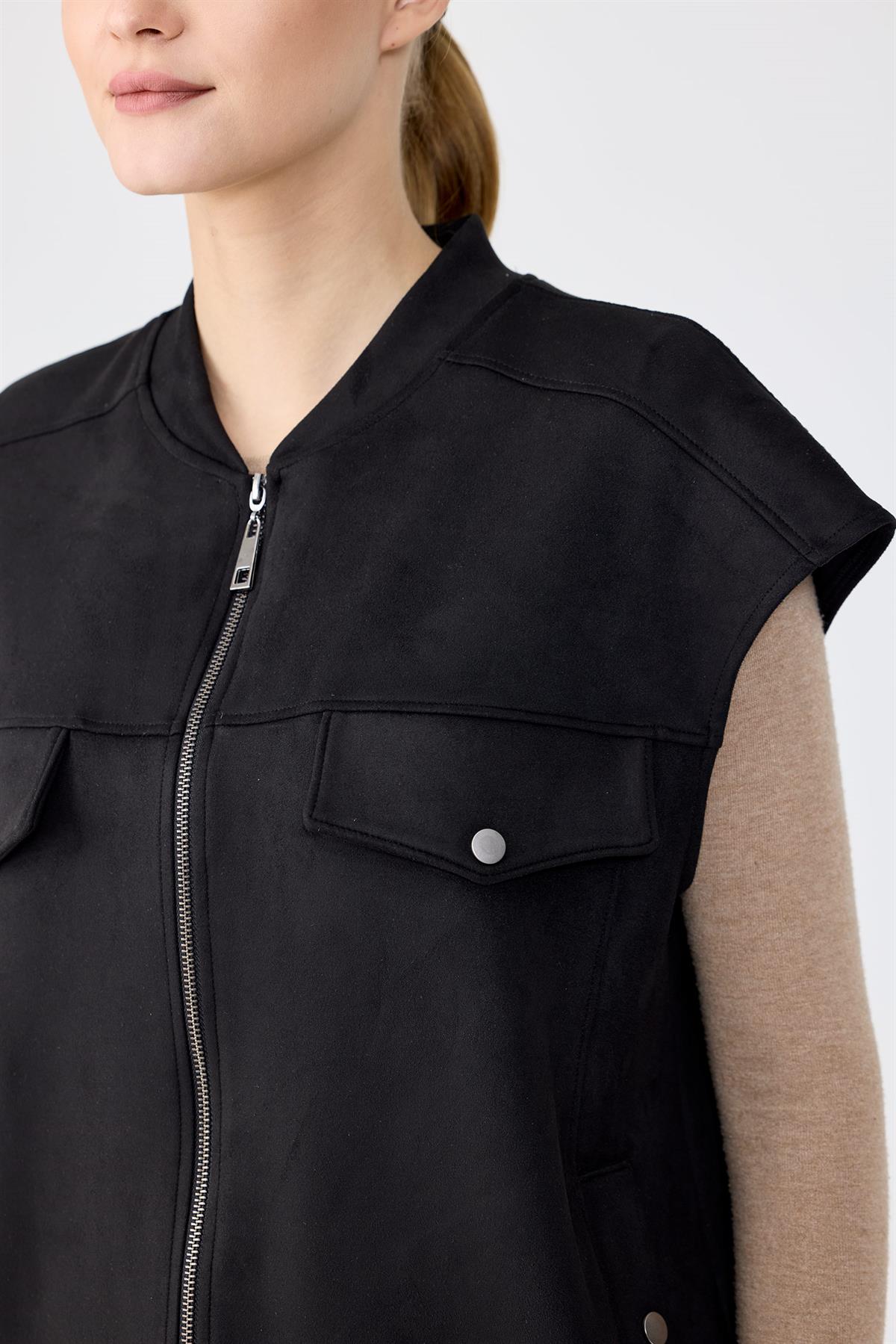 Süet Yelek Kloş Etek Takım SİYAH