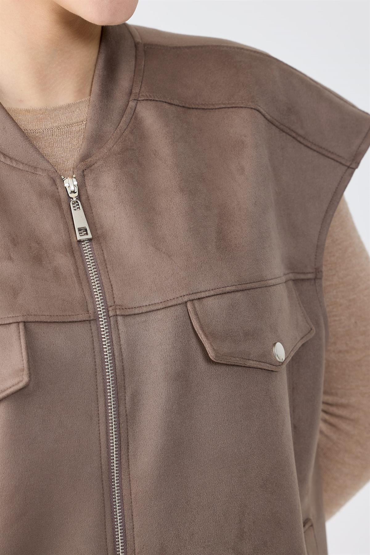 Süet Yelek Kloş Etek Takım VİZON