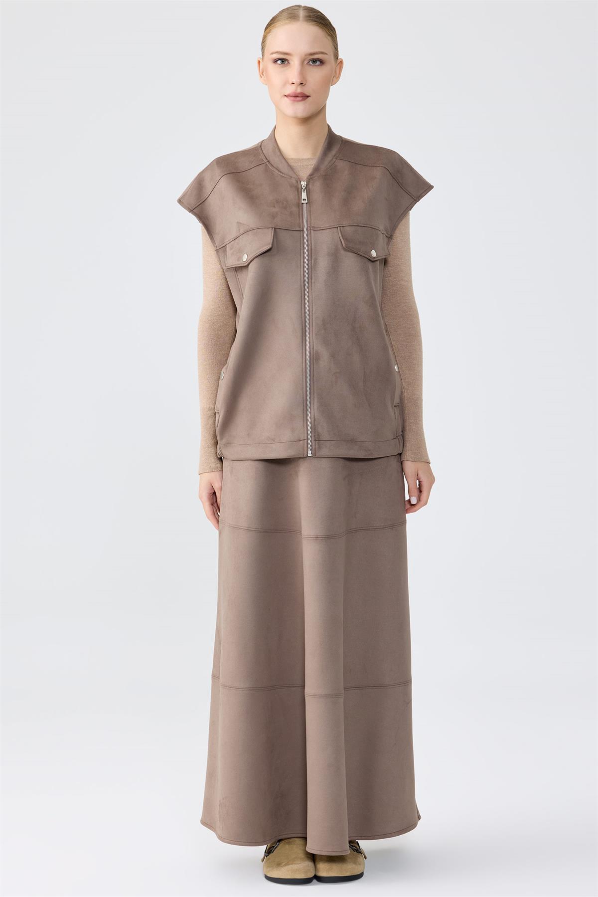 Süet Yelek Kloş Etek Takım VİZON