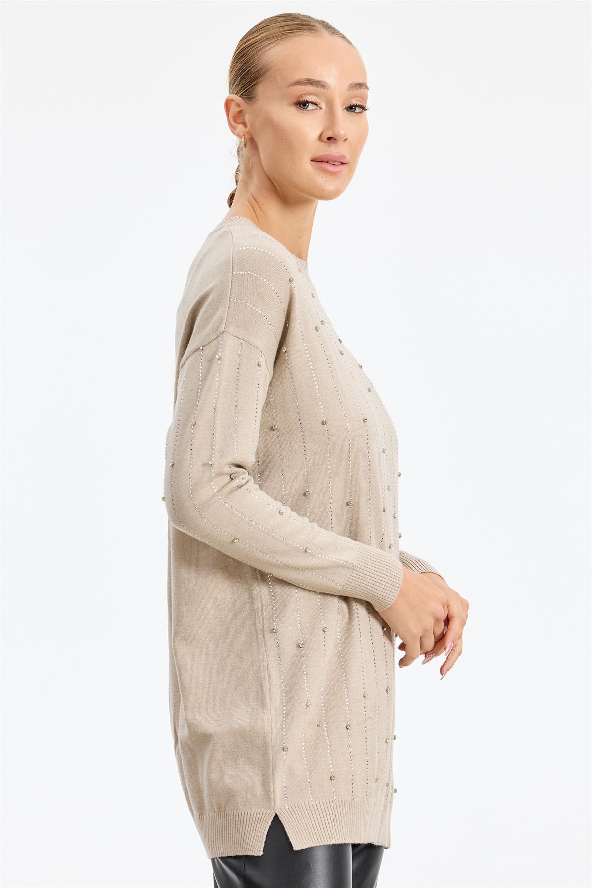 Suyolu Taş Baskılı Triko Tunik BEJ