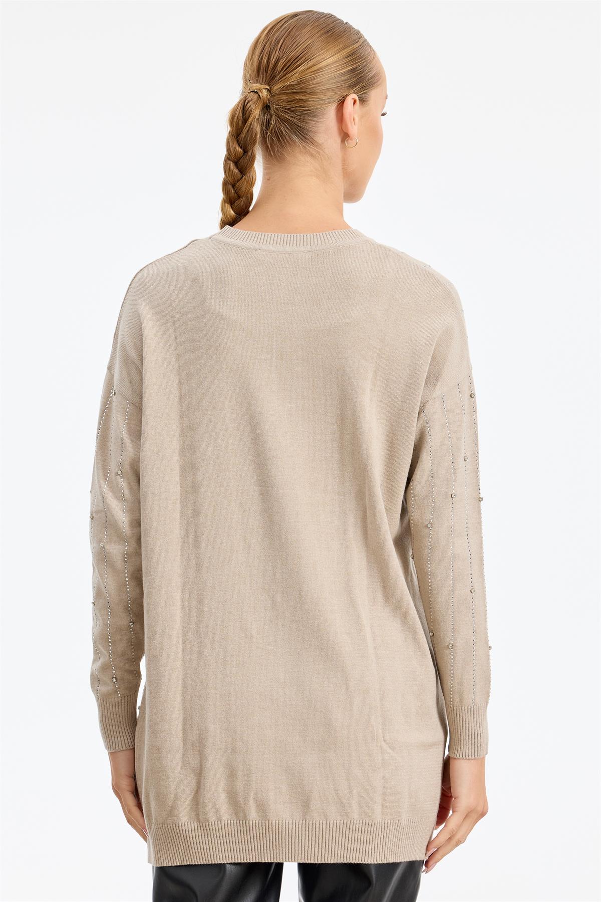 Suyolu Taş Baskılı Triko Tunik BEJ