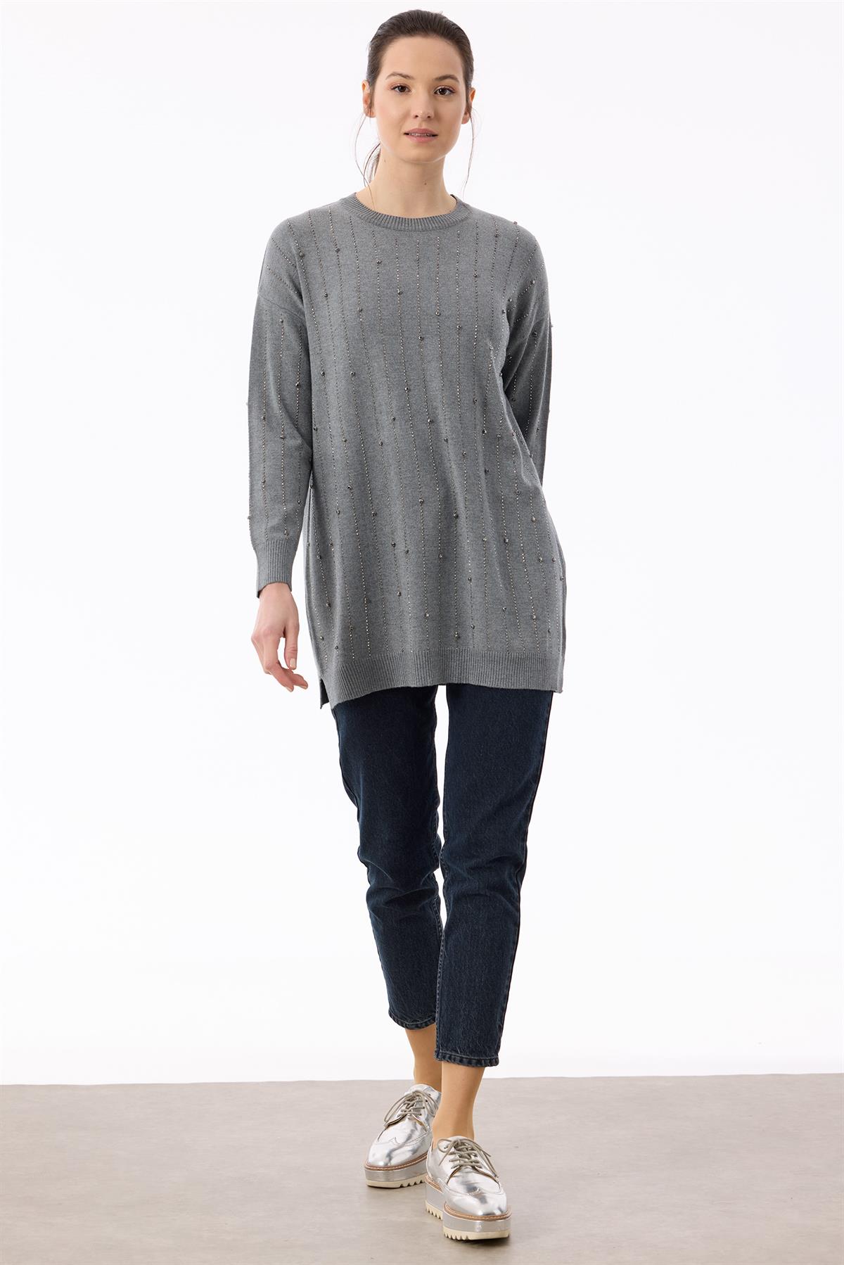 Suyolu Taş Baskılı Triko Tunik GRİ