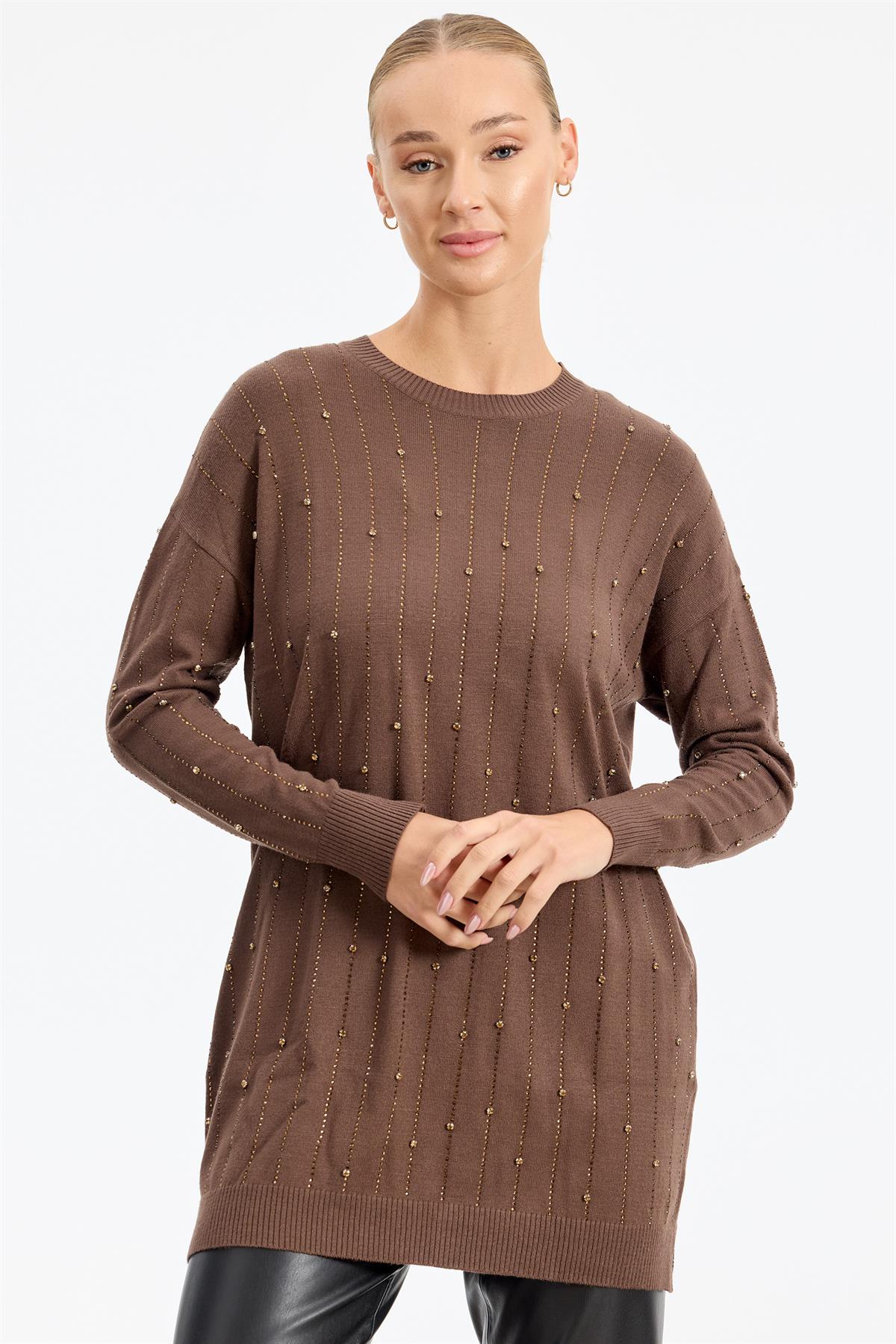 Suyolu Taş Baskılı Triko Tunik KAHVE