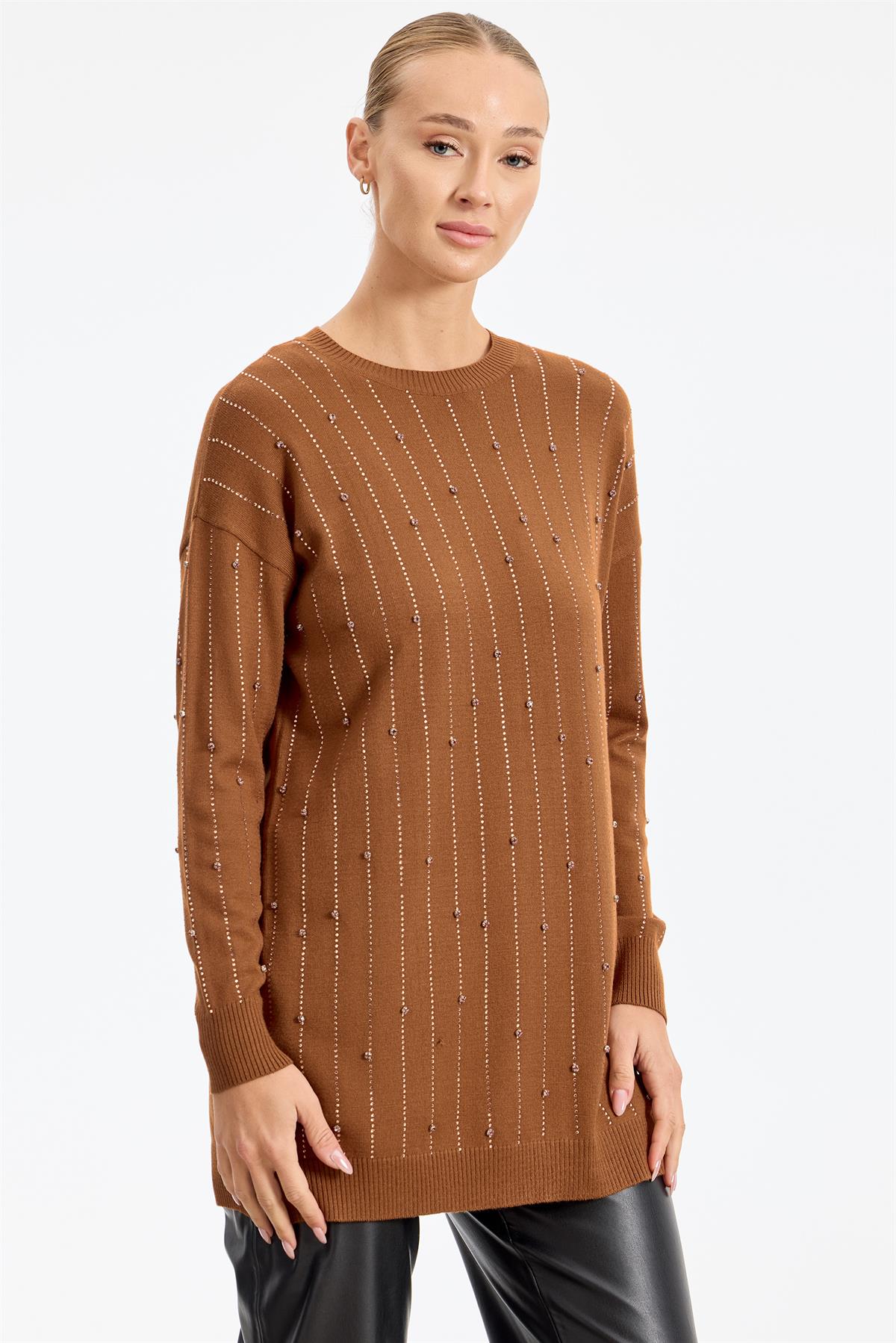 Suyolu Taş Baskılı Triko Tunik KİREMİT