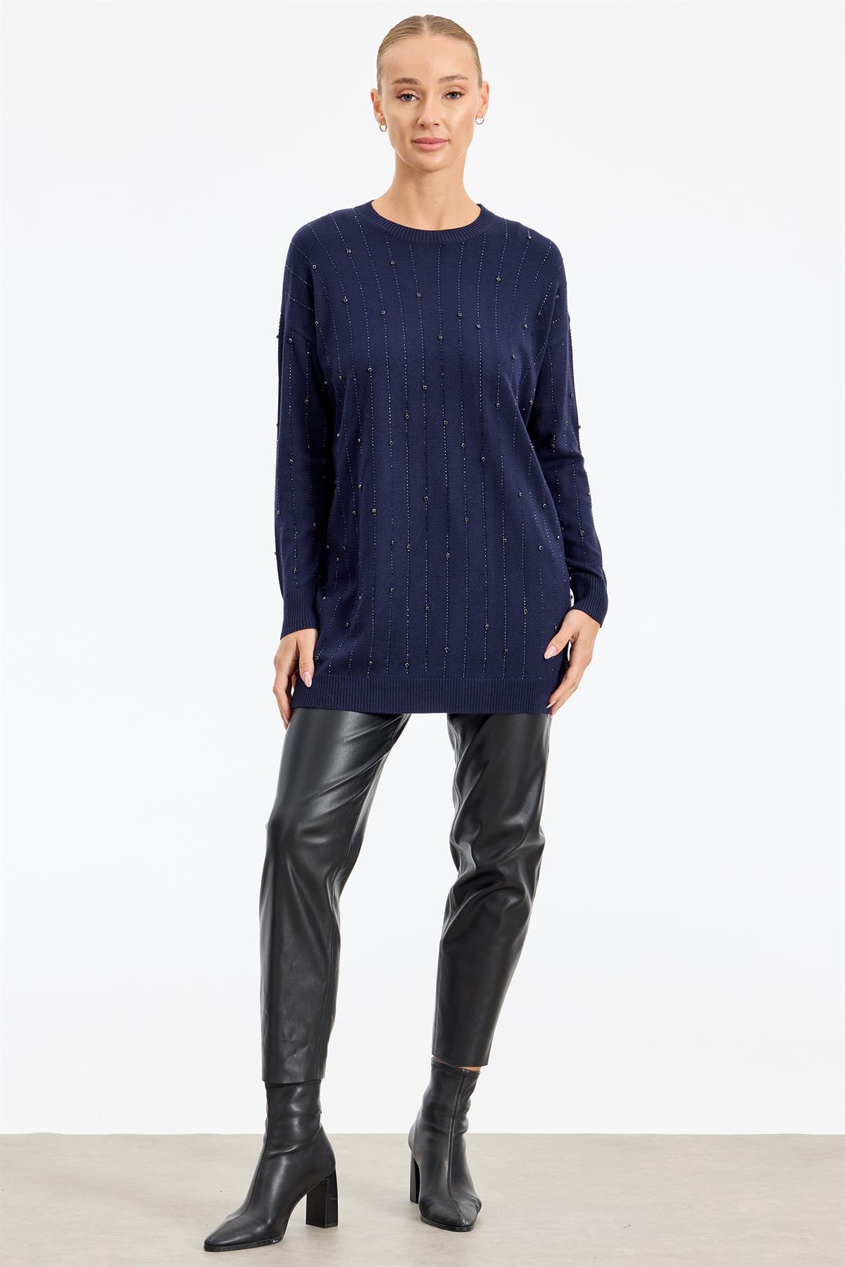 Suyolu Taş Baskılı Triko Tunik LACİVERT