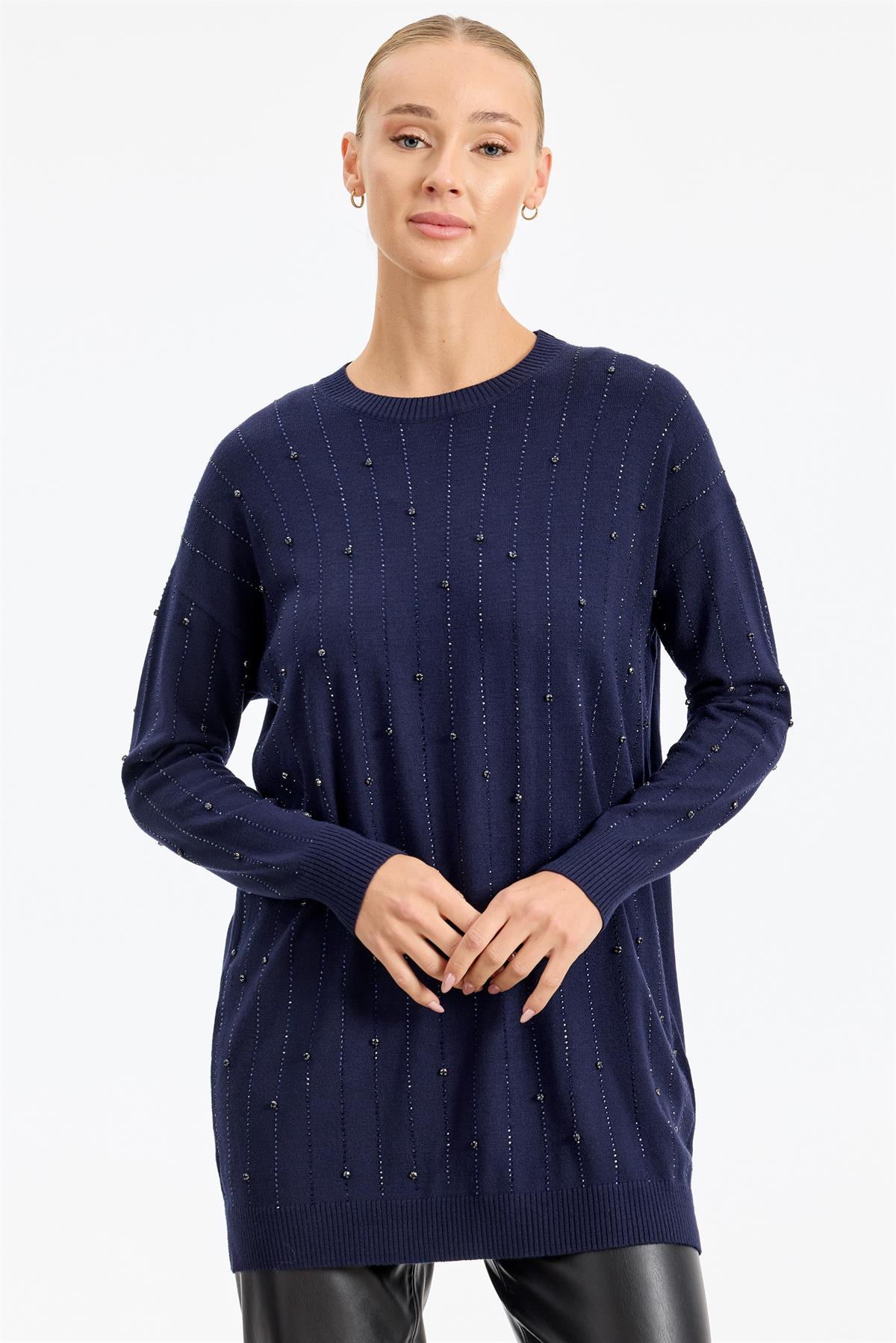 Suyolu Taş Baskılı Triko Tunik LACİVERT