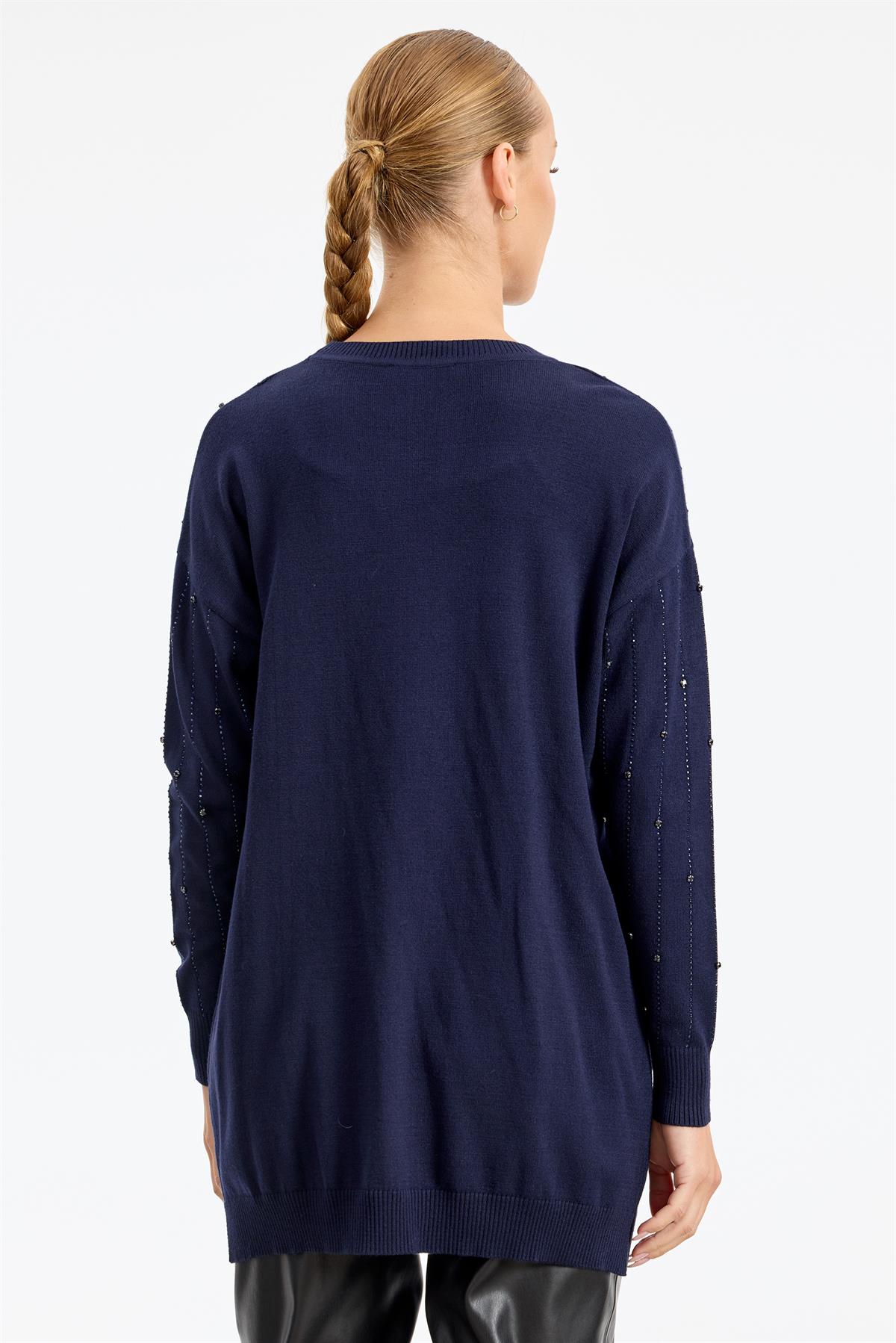 Suyolu Taş Baskılı Triko Tunik LACİVERT