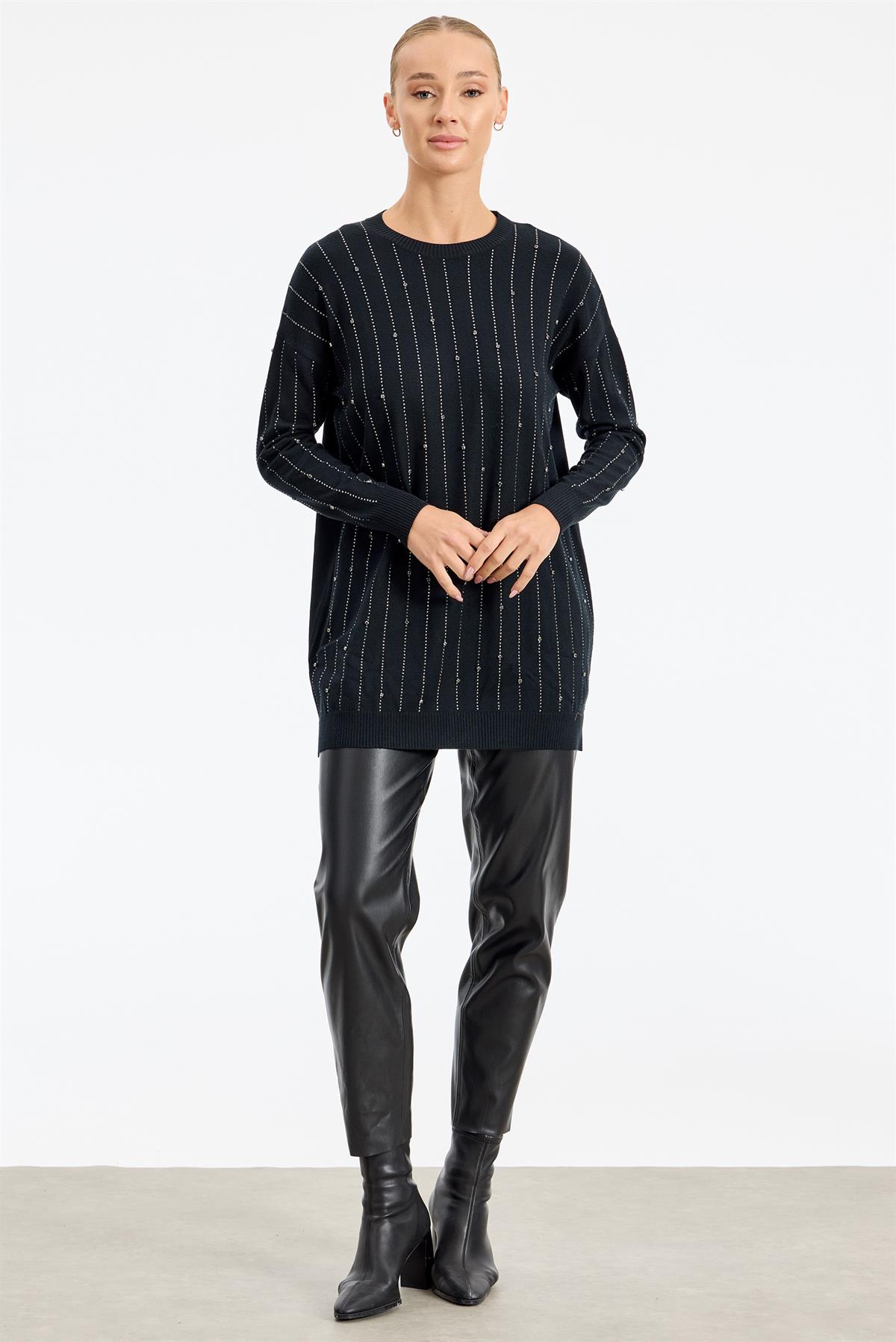 Suyolu Taş Baskılı Triko Tunik SİYAH