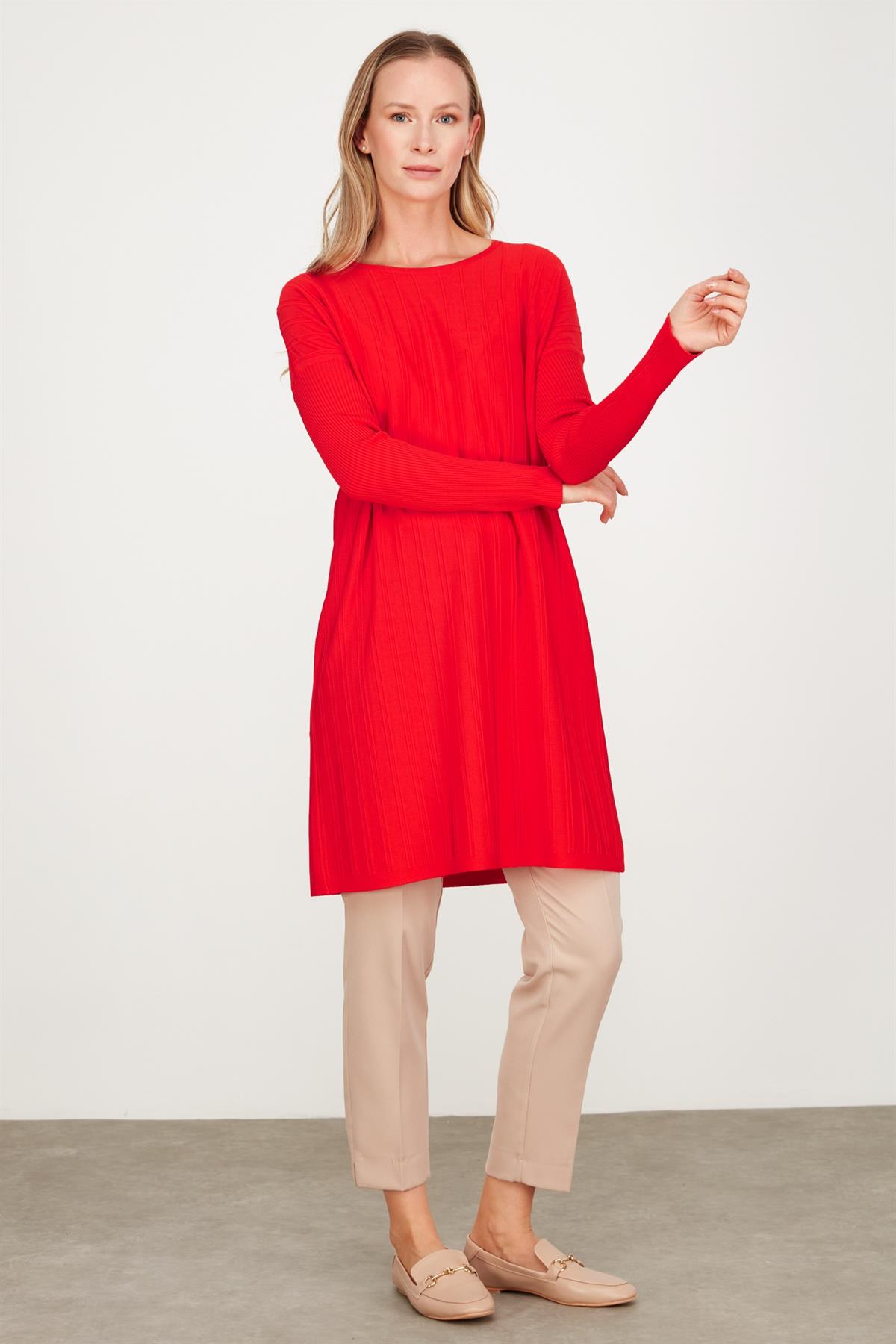 T KALIP FİTİL DETAYLI  RAYON TUNİK KIRMIZI