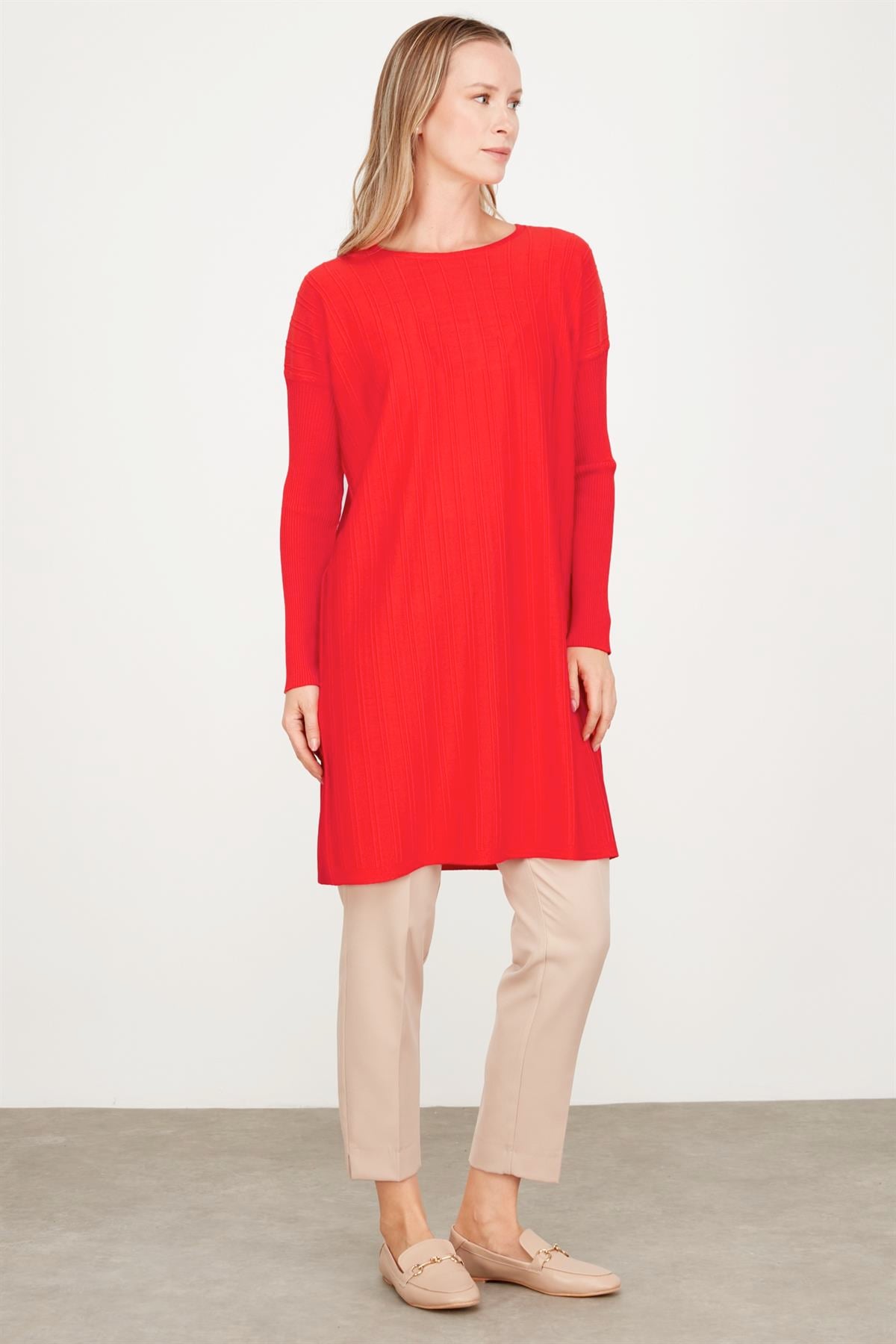 T KALIP FİTİL DETAYLI  RAYON TUNİK KIRMIZI