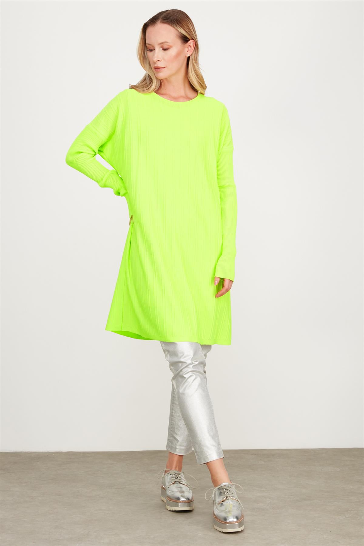 T KALIP FİTİL DETAYLI  RAYON TUNİK NEON