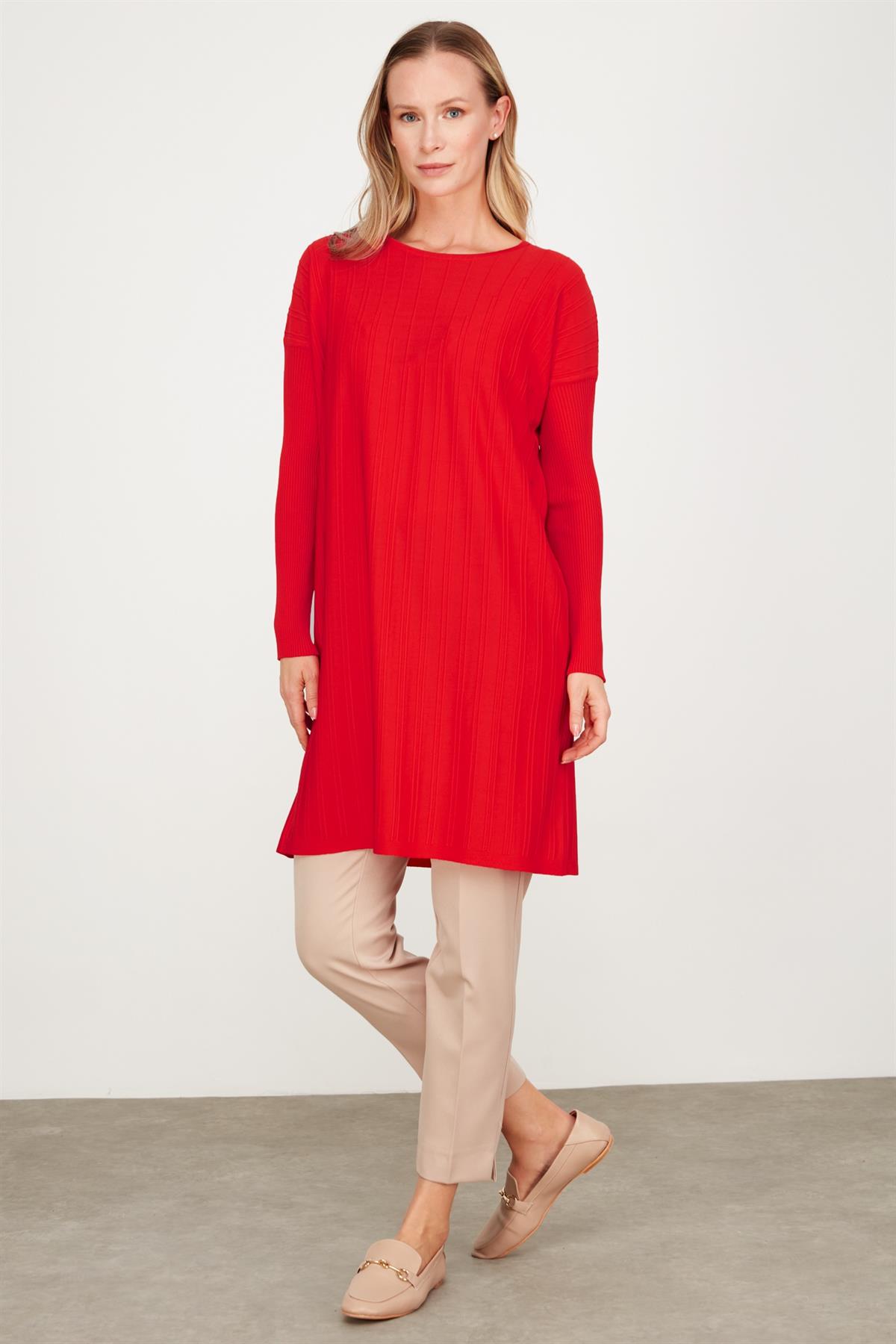 T KALIP FİTİL DETAYLI  RAYON TUNİK KIRMIZI