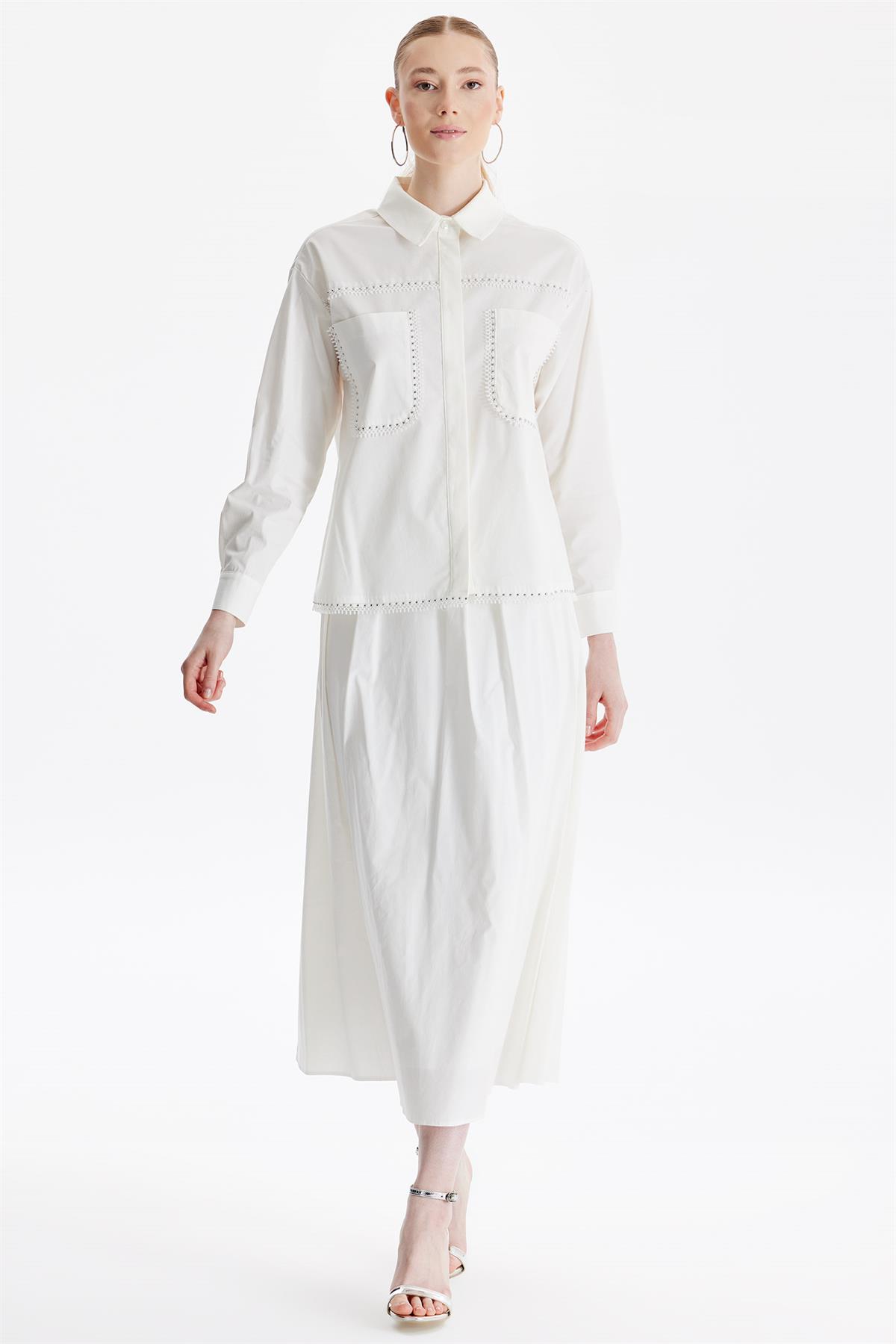 Taş Detaylı Etekli Dokuma Takım EKRU