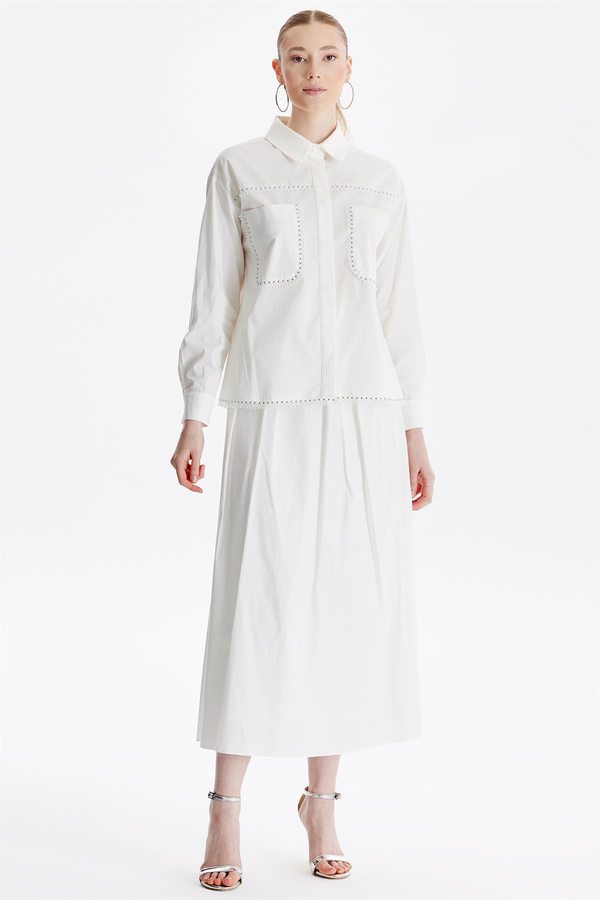 Taş Detaylı Etekli Dokuma Takım EKRU